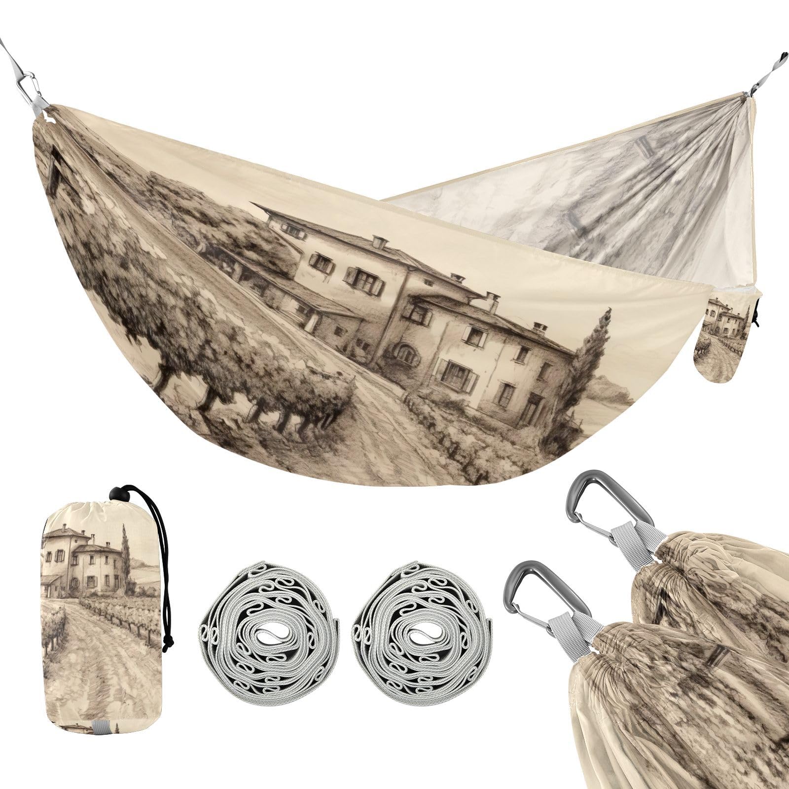 SDMKA Italian Vintage Drawing Camping Hammock, 330 lbs with 2 Tree Straps, Carry Bag, Single Portable Hammock for Outdoor/Indoor, Hiking, Beach, Backpacking, Travel