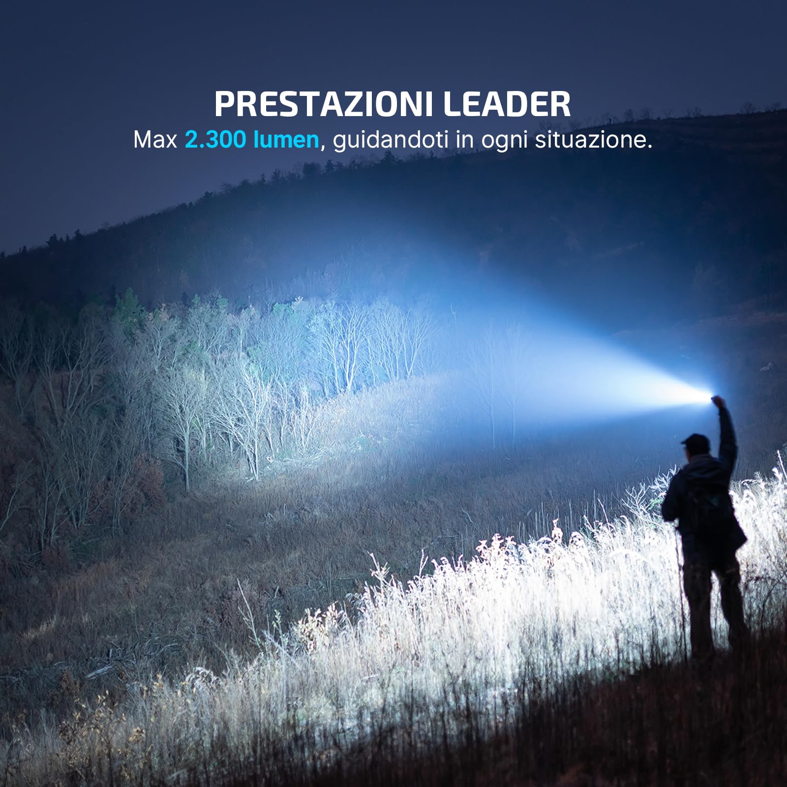 OLIGHT Warrior 3S Potente Torcia Max 2,300 Lumen, 300 Metri, 6 Uscite, 130 ore di Funzionamento Torcia con Doppio Interruttore a Led per Esterni, Forze Dell'ordine (Nero)
