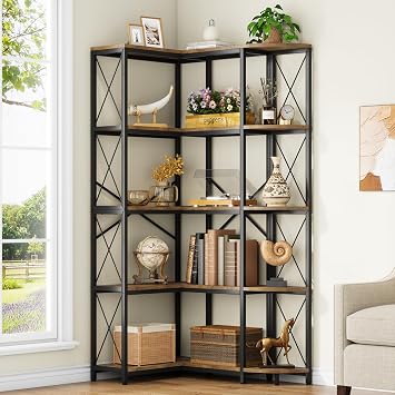 5-Tier Reversible L-Shaped Bookshelf, Corner Bookcase, Rustic Brown | 69.29 Tall Storage Shelf Display Rack with Metal Frame for Living Room, Home Office, Bedroom, Modern Industrial Style