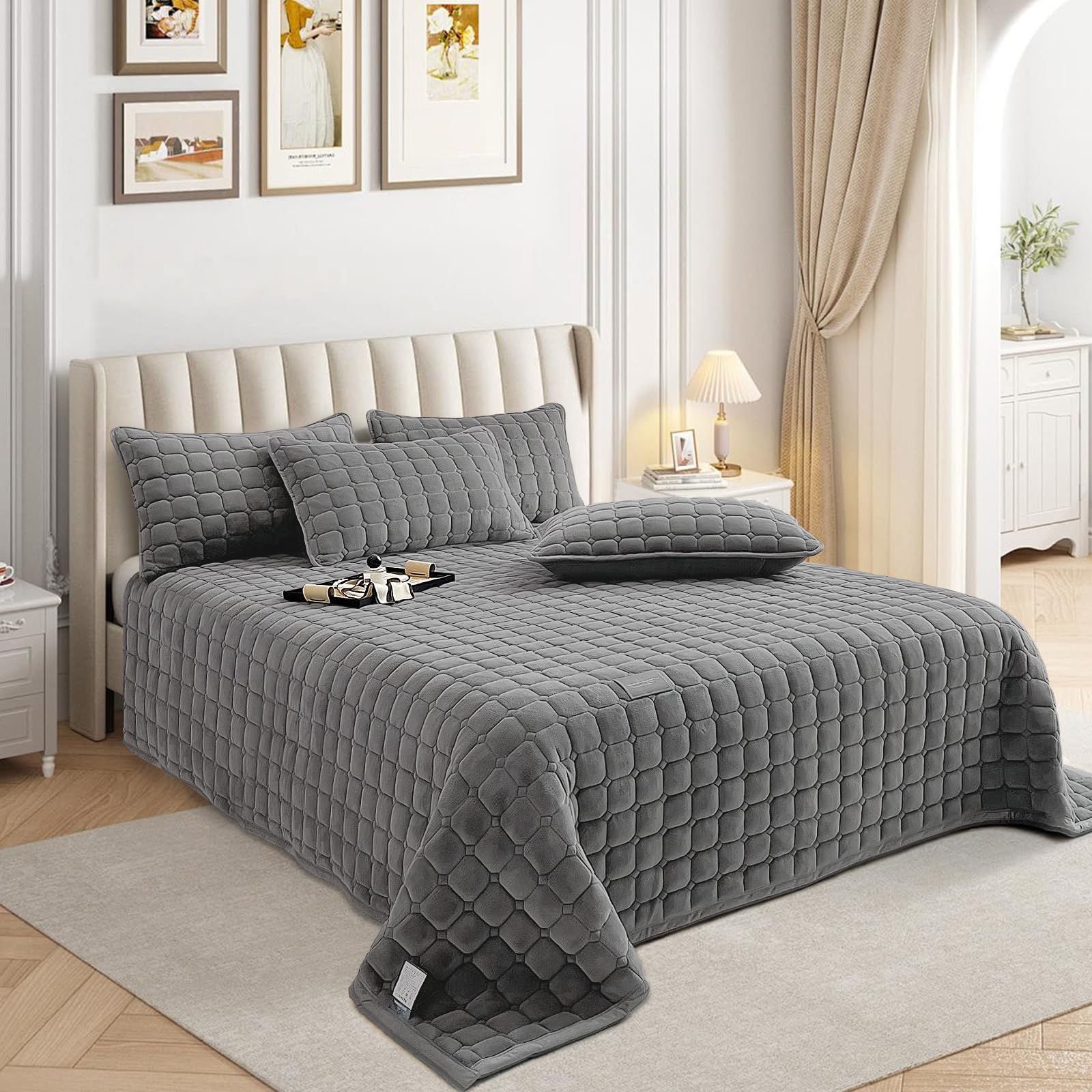OKYUK Luxus-Samt-Bettwäsche-Set, Tagesdecke, Stepp-Bettwäsche-Set, Bettüberwurf oder Sofaüberwurf,mit 2 passenden Kissenbezügen, für alle Jahreszeiten（Dunkelgrau，230 * 250cm）