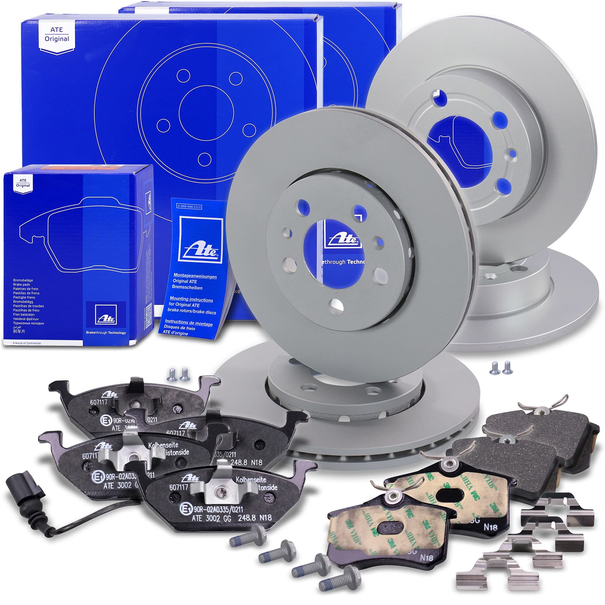 ATE Set di freni +dischi freno anteriori ¯ 256mm ventilati +posteriori ¯ 230mm pieni e pastiglie freno anteriori +posteriori Compatibile con AUDI A2, A3, SKODA FABIA, OCTAVIA, VW GOLF, POLO