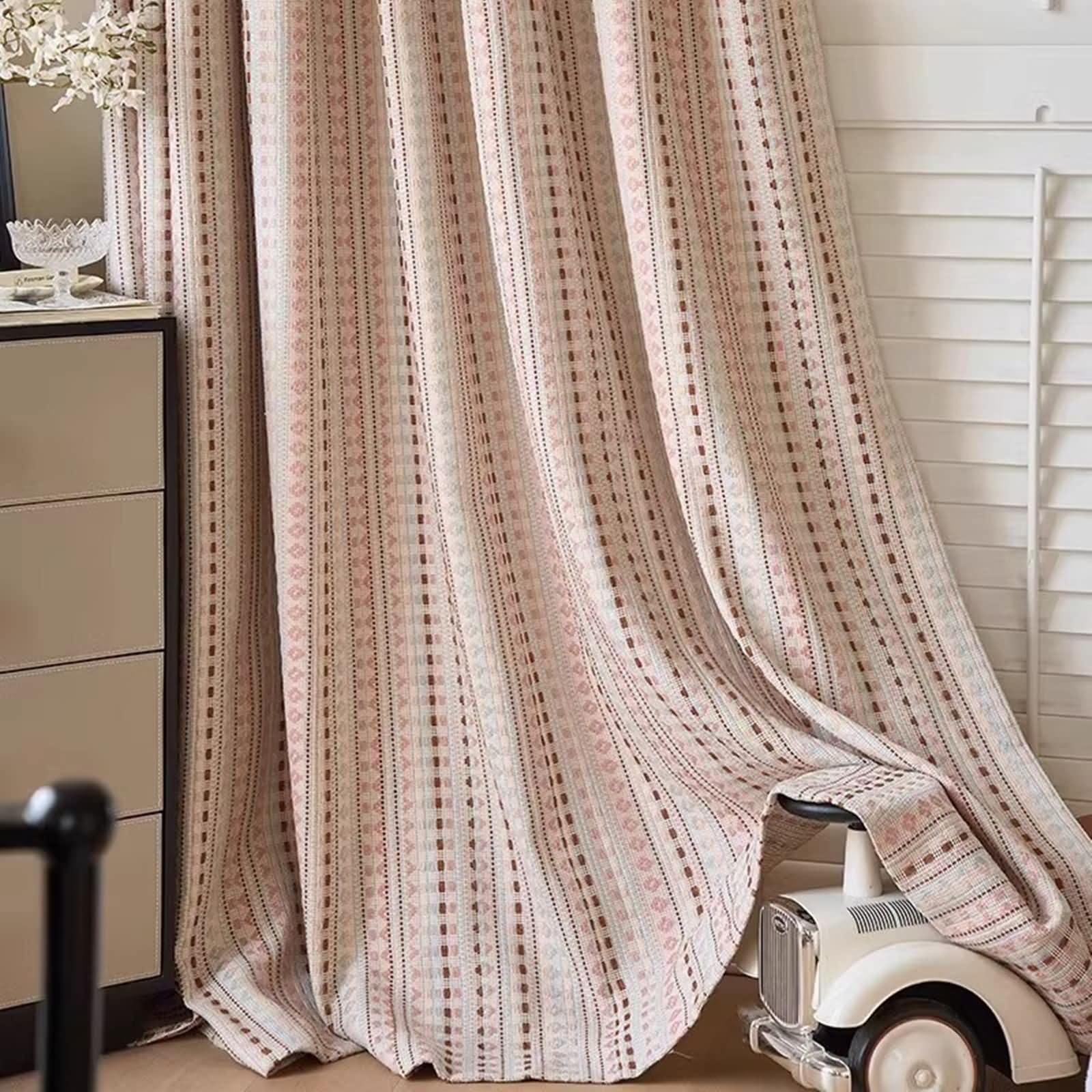 Rideau Salon Moderne Lot de 2, 96x160cm Motif géométrique Décoration pour Maison Salon Cuisine Chambre, Oeillet, Brun Rose