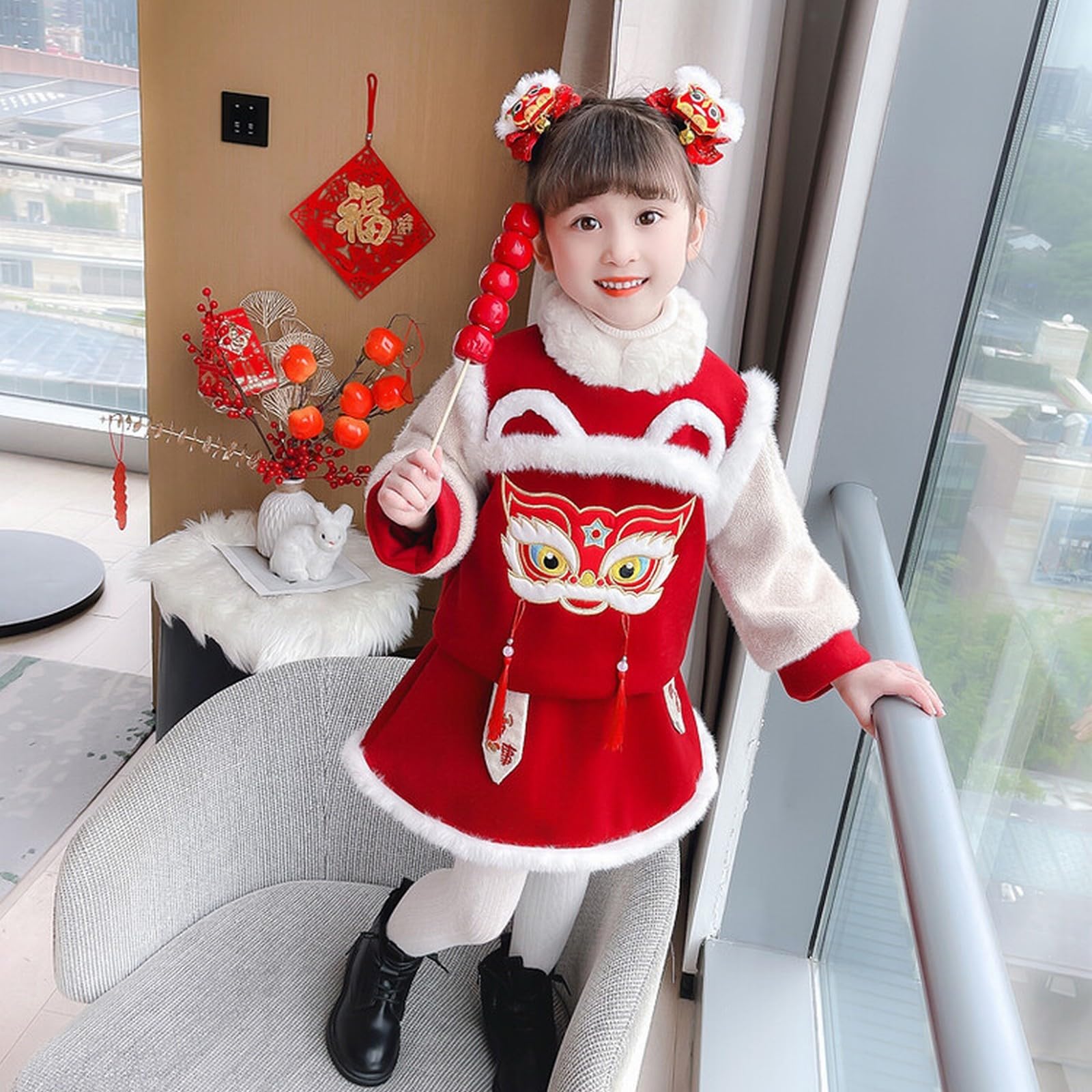 Conjunto de chaqueta de conejo de invierno para bebé con borlas, traje cálido de espiga para niños pequeños, abrigo de forro polar, falda peluda, ropa tradicional china