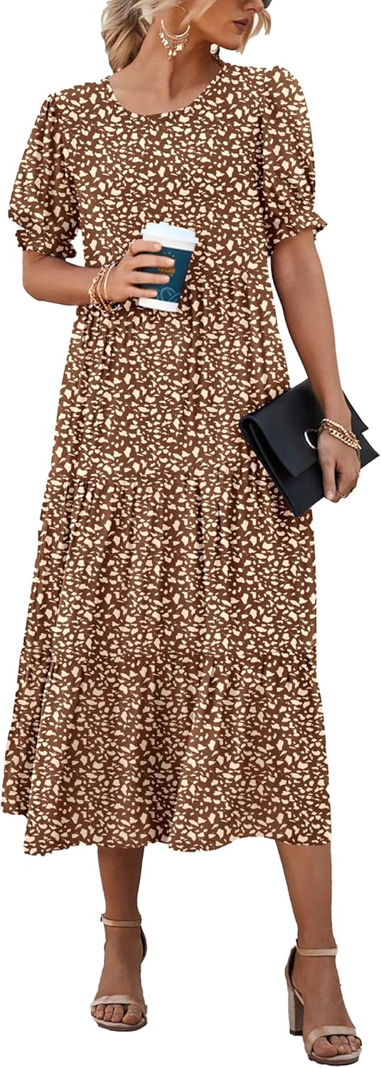 PRETTYGARDEN Summer Dresses for Women 2025 Casual Floral Boho Midi Sun Dress Puff Short Sleeve Flowy Beach Vacation Sundress