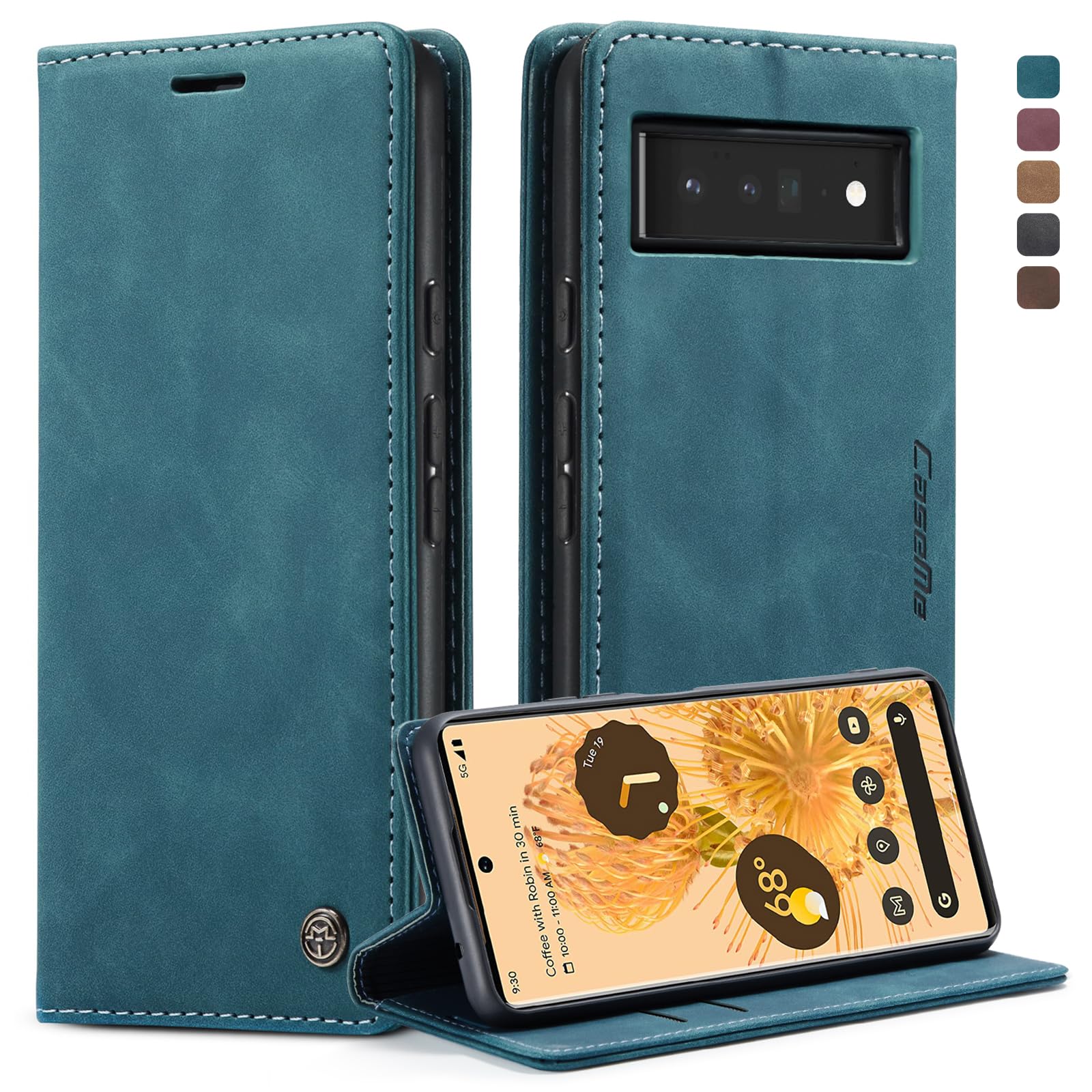 Cracedily Handyhülle für Google Pixel 6 Pro Hülle, Klapphülle Premium Lederhülle Klappbar Flip Case Tasche Magnet Kartenfach Standfunktion Klapphülle Schutzhülle für Google 6 Pro Handyhülle, Blaugrün