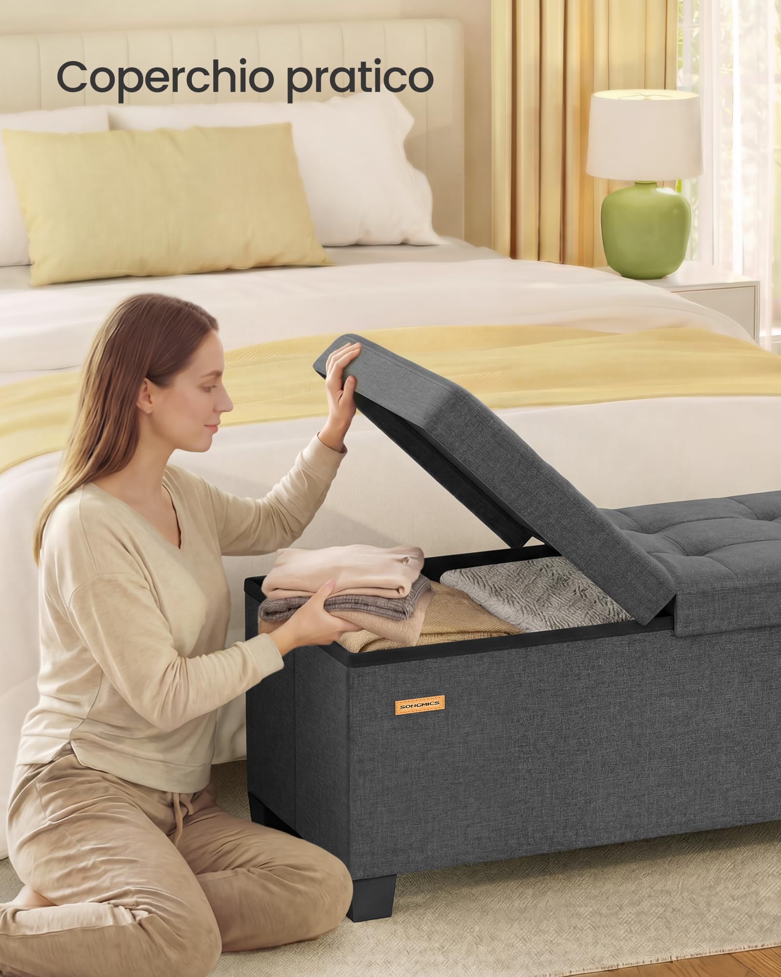 SONGMICS Cassapanca con Gambe, Pouf Contenitore Pieghevole con Coperchio Ribaltabile, Piedi Letto, Soggiorno Camera da Letto Ingresso, Tessuto Effetto Lino, 76 cm, Grigio Ardesia LSF049GN01