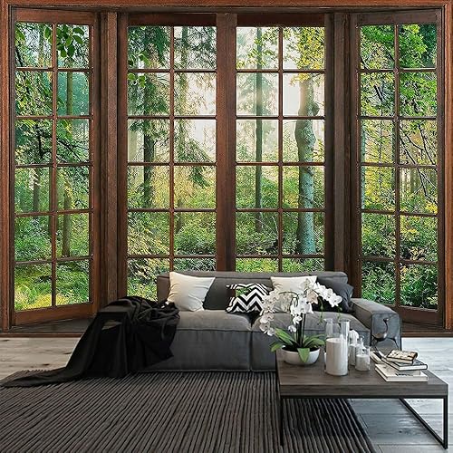 Miniatura 5 de Aidatain Tapiz Natural de Bosque Verde Paisaje de Ventana Tapiz Estético de Pared para Dormitorio Franela 100" L x 90" A Manta de Playa Sala de