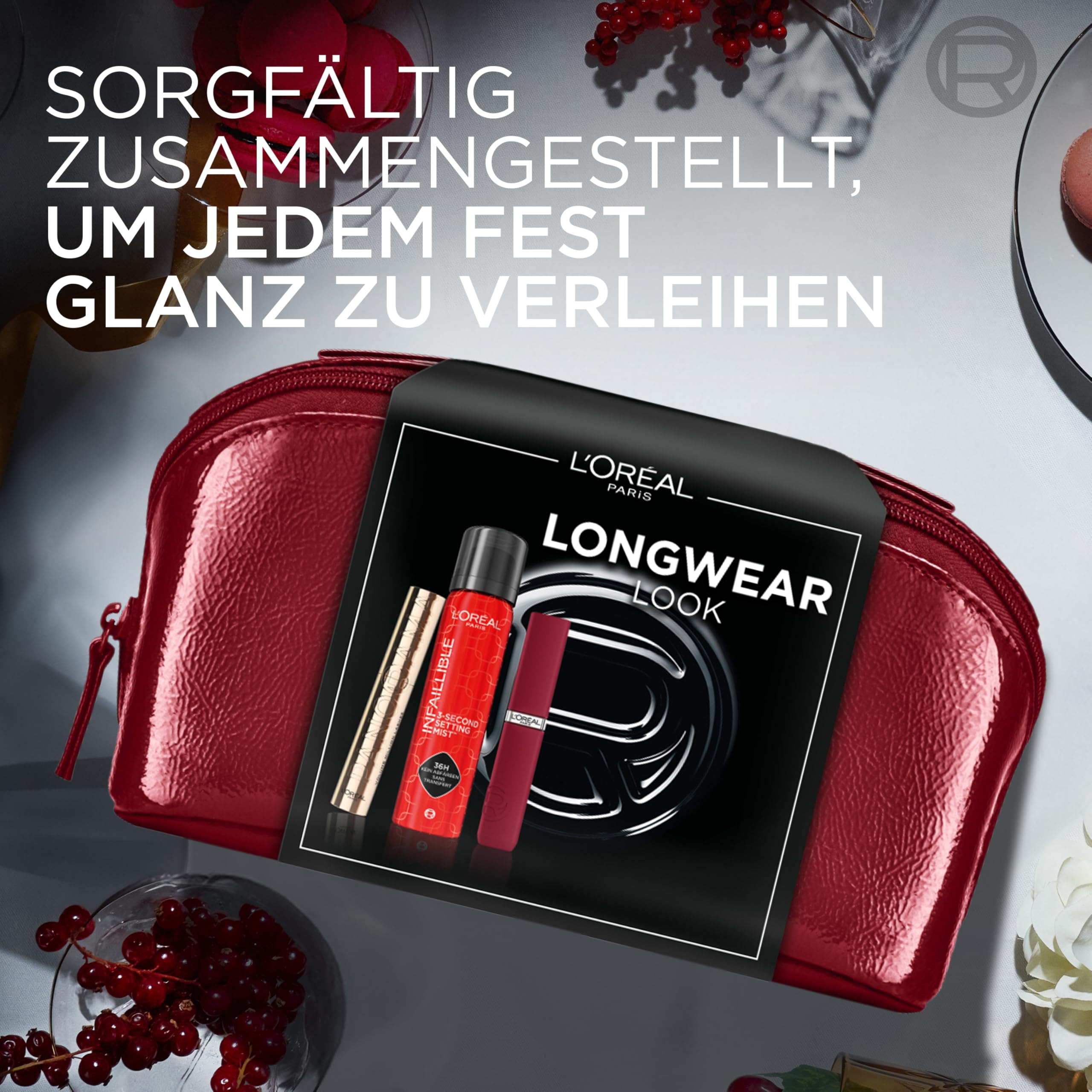 L'Oréal Paris Longwear Look Geschenkset: Panorama Mascara, Infaillible Matte Resistance, 3-Second Setting Mist & luxuriöse Beauty Bag, Für strahlende Schönheit und Longwear Look, 4-teilig