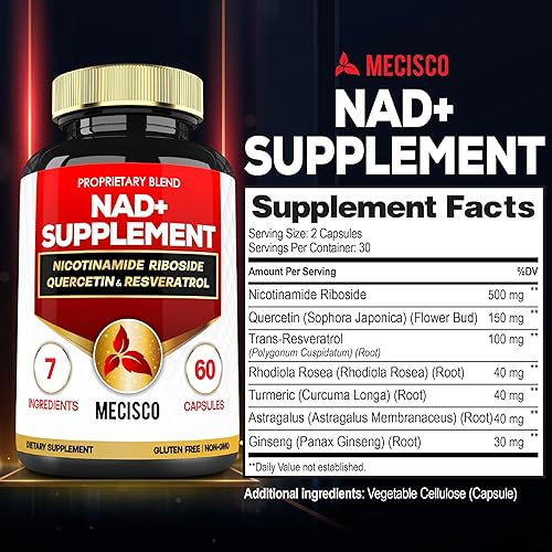 Miniatura 2 de Suplemento NAD+ con ribósido de nicotinamida con quercetina, resveratrol, cúrcuma, rodiola rosa, astrágalo, ginseng, energía celular y reparación,