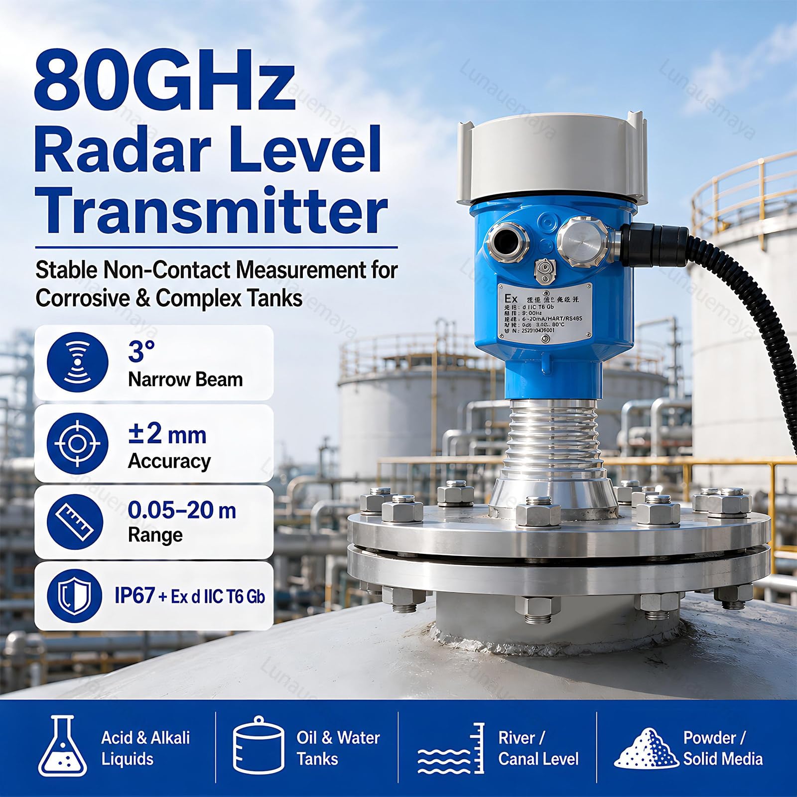 Radarowy Czujnik Poziomu 80 GHz z Wyświetlaczem LCD, Zasięg 20m DN150 Flange