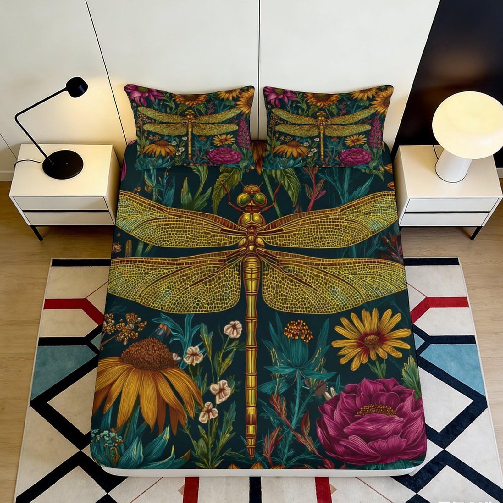 Uxinyoume Style-1 3D Printed Botanical Dragonfly Fitted Sheet Microfiber Soft Breathable Floral Bed Cover For Bedroom Guest Room Decor 90X200x25cm