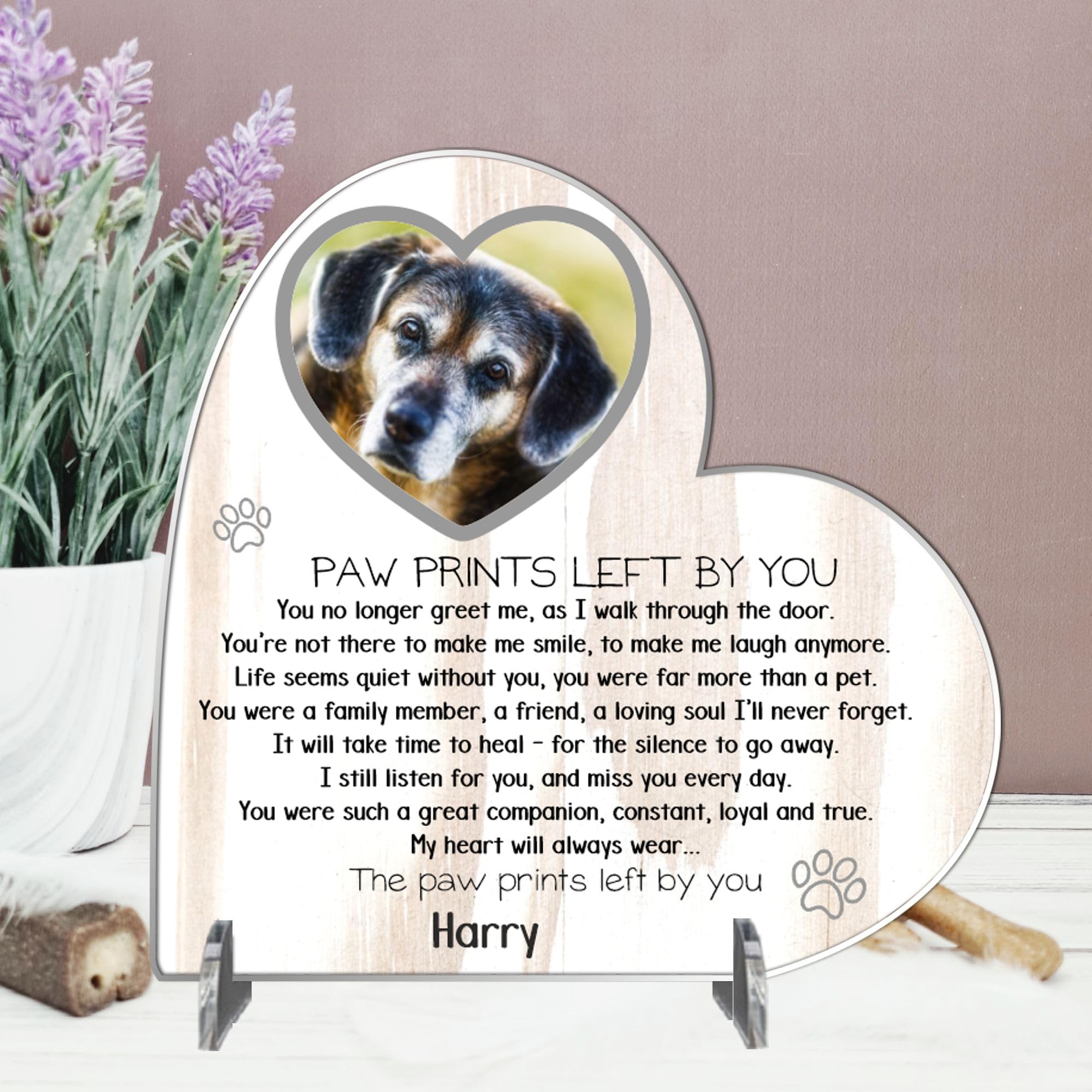 MDF Wood Personalised Pet Bereavement Plaque - Handcrafted Laser Cut Photo Memorial Decor, Customisable Design, Acrylic Heart On Stands (13.5cm x 13.5cm, Cream Effect)