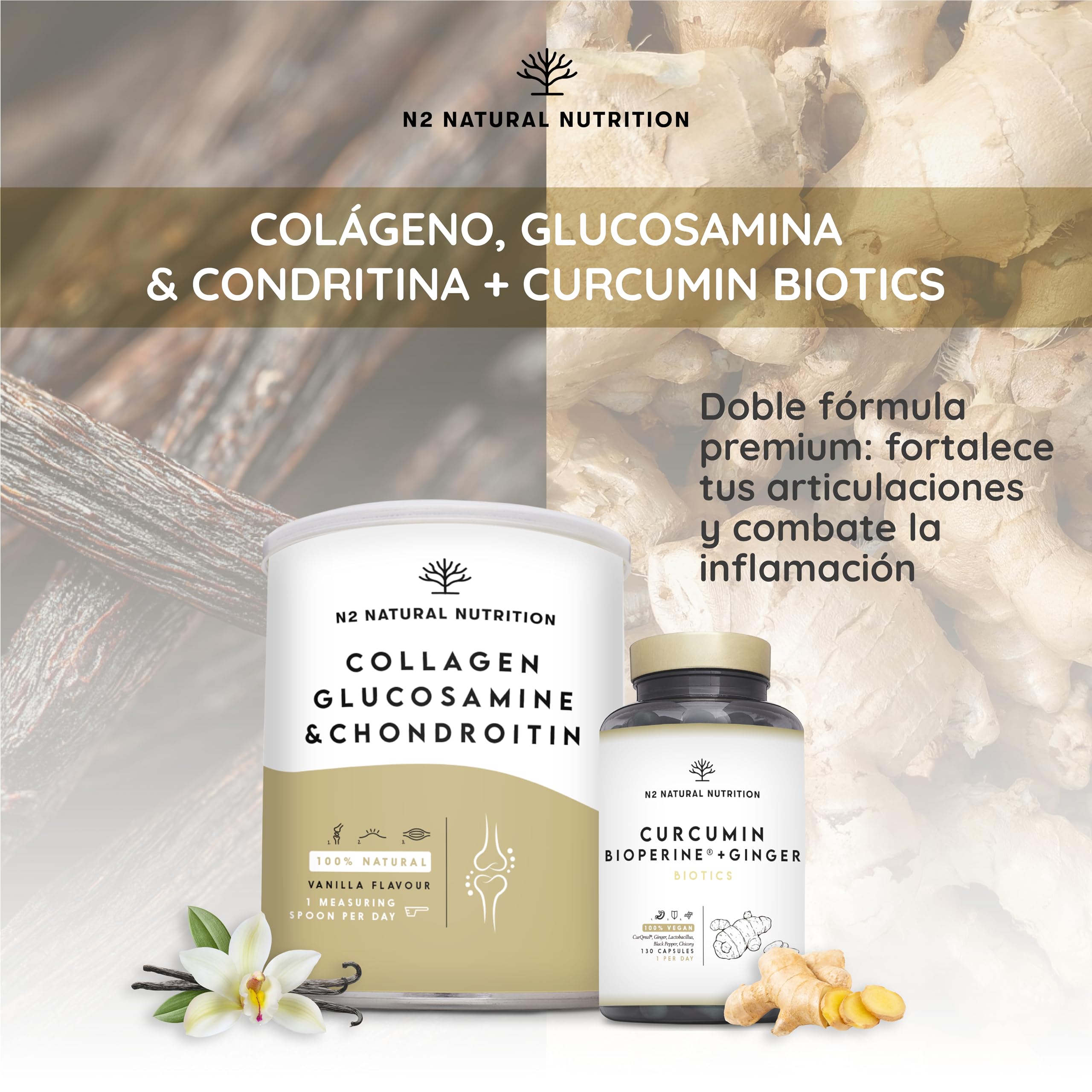 Glucosamina y Condroitina Complex (1.500 mg + 1.200 mg) con Colageno Hidrolizado 10.000 mg, Ácido Hialurónico y Vitamina C. Fortalece Cartílagos, Articulaciones, Piel y Huesos. N2 Natural Nutrition