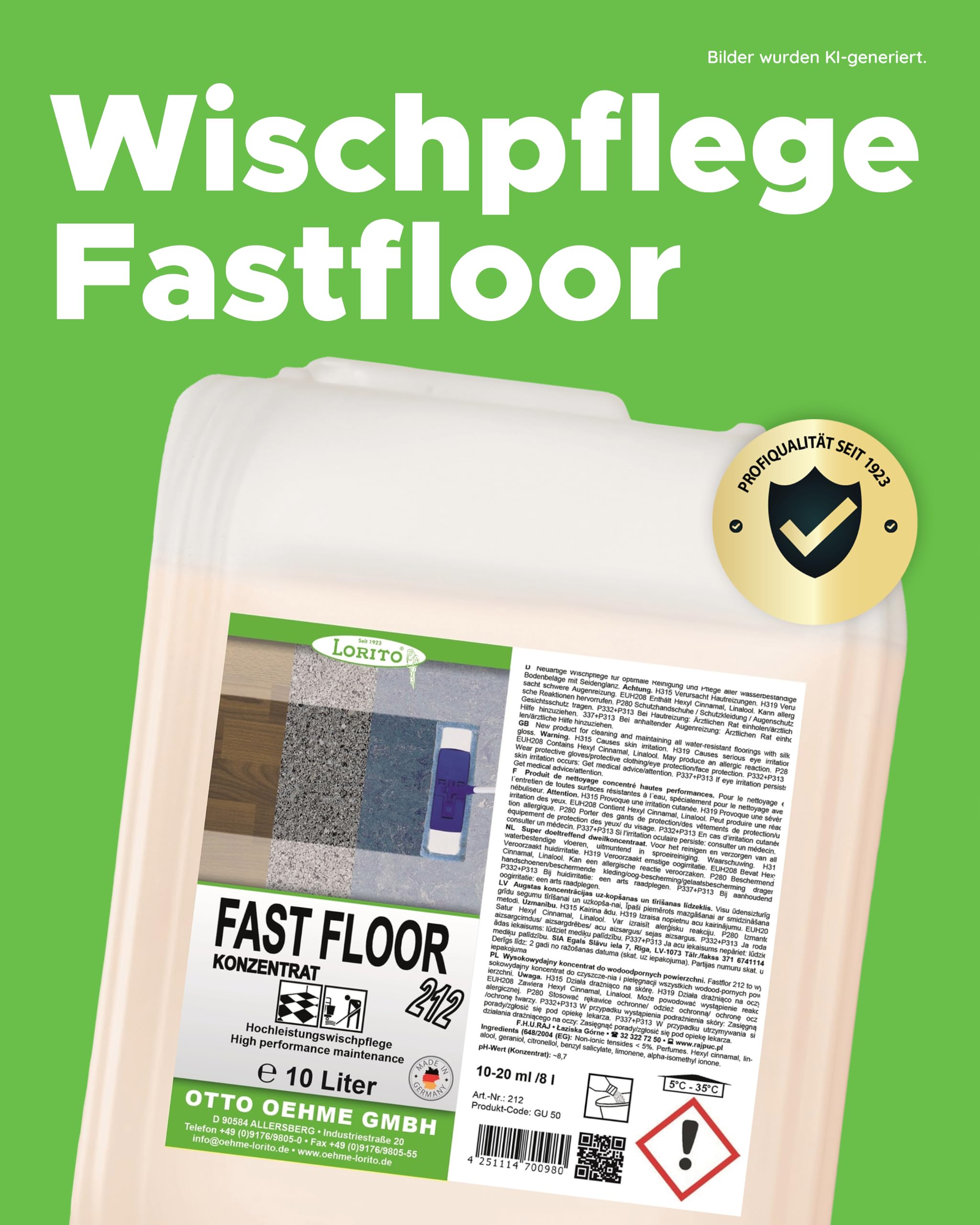 Lorito Fastfloor Wischpflege 10 L Bodenreiniger flüssig | Schnelltrocknende Wischpflege für alle Hartböden, streifenfreier Seidenglanz, antistatisch gegen Neuverschmutzung