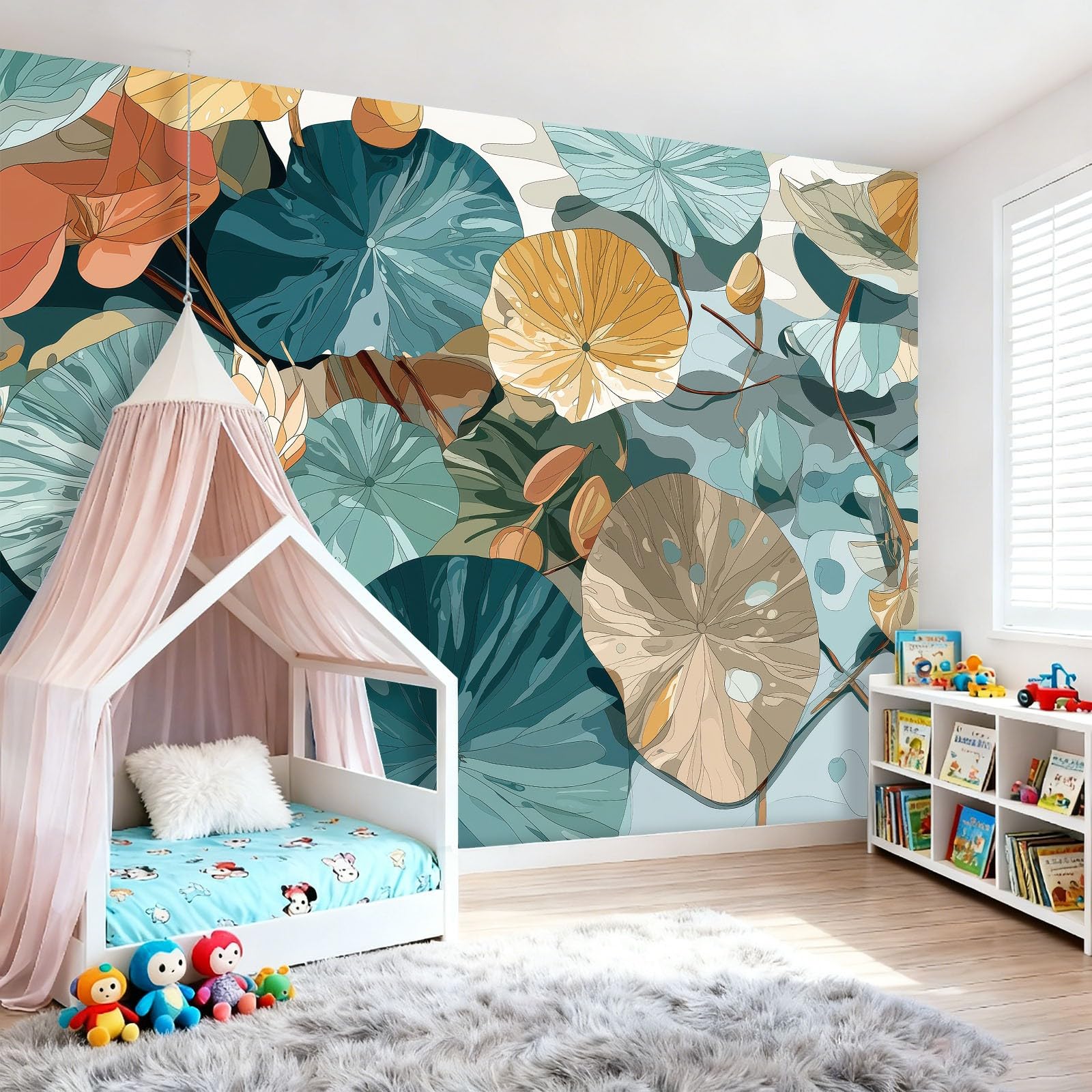 Fototapeta ścienna 250 x 175 cm (szer. x wys.), wzór rośliny boho lilia wodna, instalacja naklejana fototapeta do gabinetu i małej sypialni