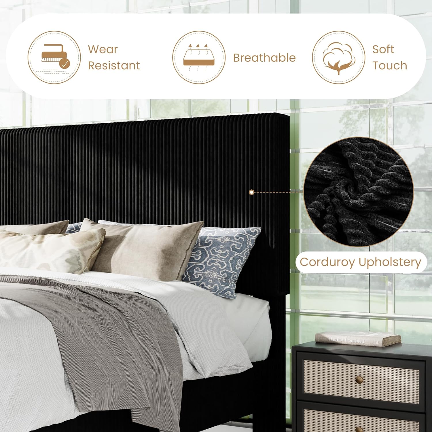 SHA CERLIN Queen Bed Frame, Velvet Platform Bed Frame with Vertical Channel Tufted Headboard, Upholstered Corduroy, Strong Wooden Slats, Mattress Foundation, No Box Spring Needed, Easy Assembly, Black