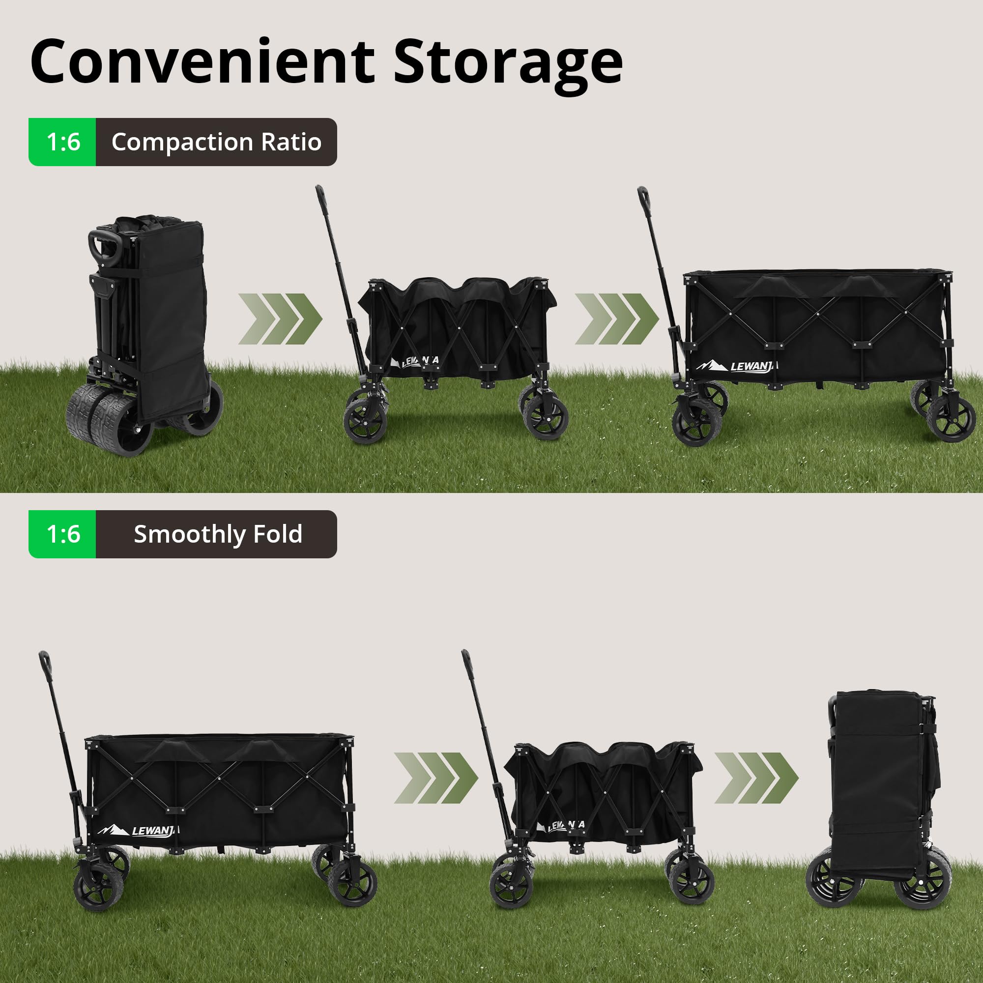 LEWANJA Chariot Pliant 250L, Chariot de Jardin Robuste avec Roues Larges et Freins, Poignée Réglable, Capacité 200 kg, Portable pour Camping, Plage et Courses