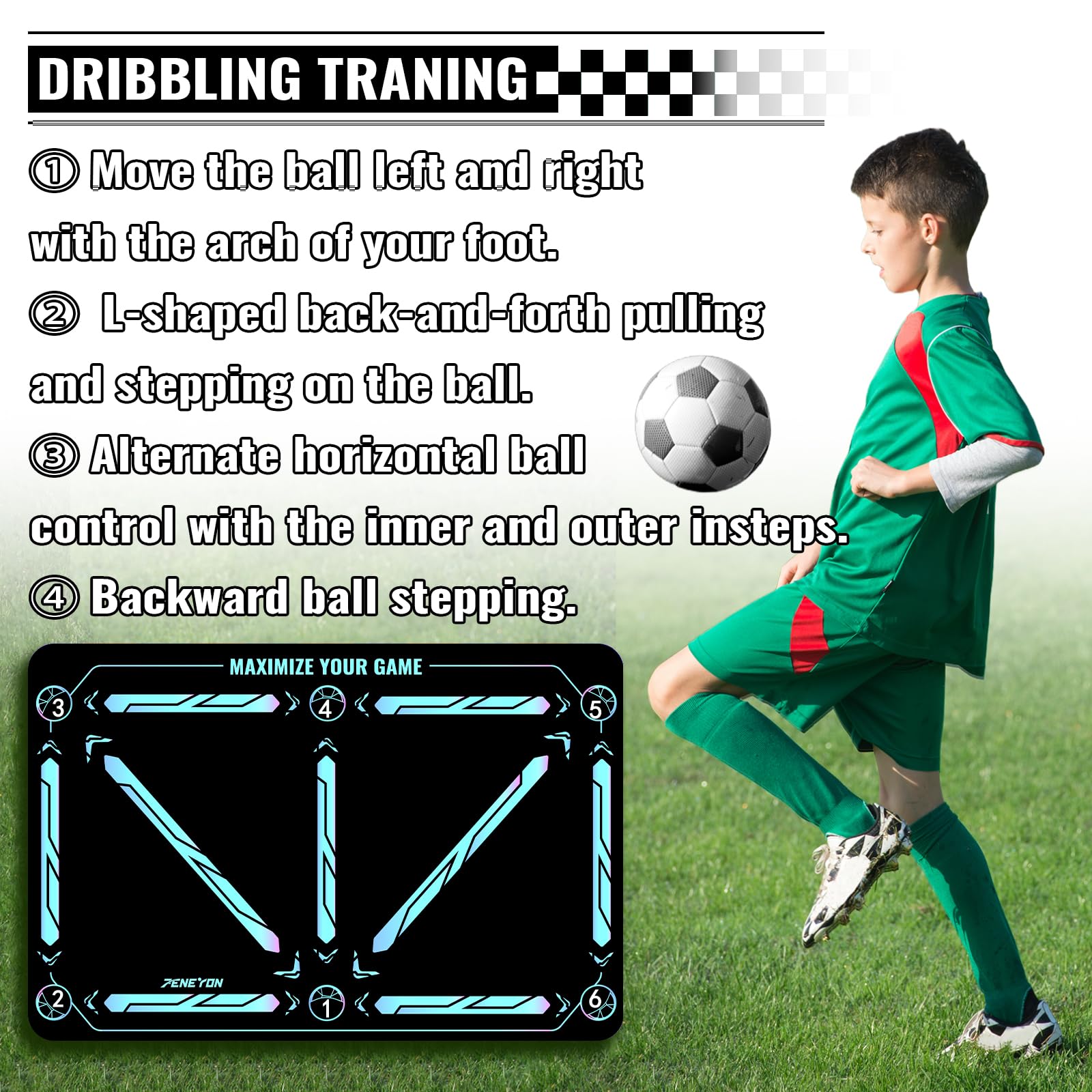 Soccer Training Mat with Adjustable Soccer Trainer - Non-Slip Soccer Training Equipment for Kids Youth to Boost Speed, Strength & Coordination | Soccer Trainer for Indoor/Outdoor Drills