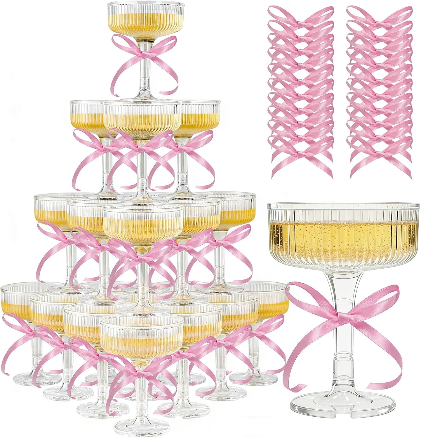 ACRYLIC Champagne Tower Set - 20 Pack 7oz Shatterproof Flutes + 25 Pink Bows & 30 Dots, Stackable Plastic Coupe Glasses for Wedding Decor, Party Supplies