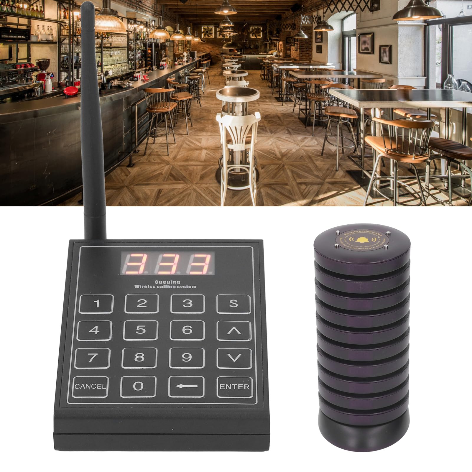 Cercapersone per Ristoranti, Trasmettitore con Tastiera di Chiamata a 999 e Ricevitori a 10 Dischi, Cercapersone Wireless con Portata di 1000 M per Attesa della (Spina europea)