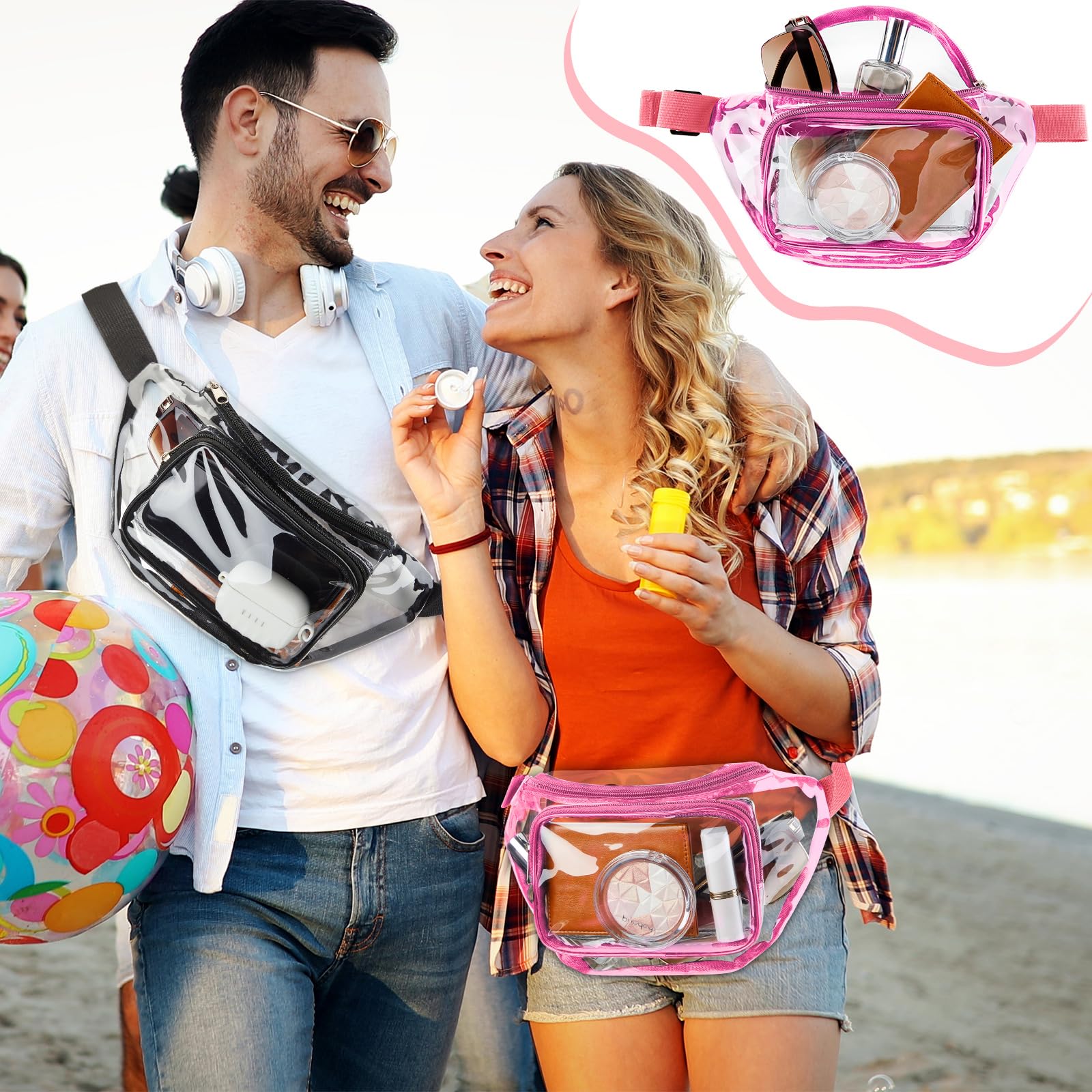 Bauchtaschen für Damen und Herren, Bauchtasche, Stadiongenehmigt, transparent, wasserdicht, transparent, verstellbar, für Festival, Spiele, Reisen, Konzerte, Grau, 24 Stück, Transparent, Grau