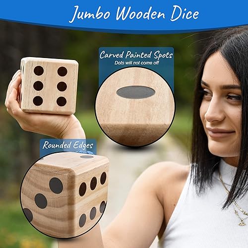 Miniatura 4 de Dados gigantes de madera para patio, madera sin astillas y a prueba de grietas, tamaño jumbo con cubo plegable, 2 tarjetas de puntuación de borrado