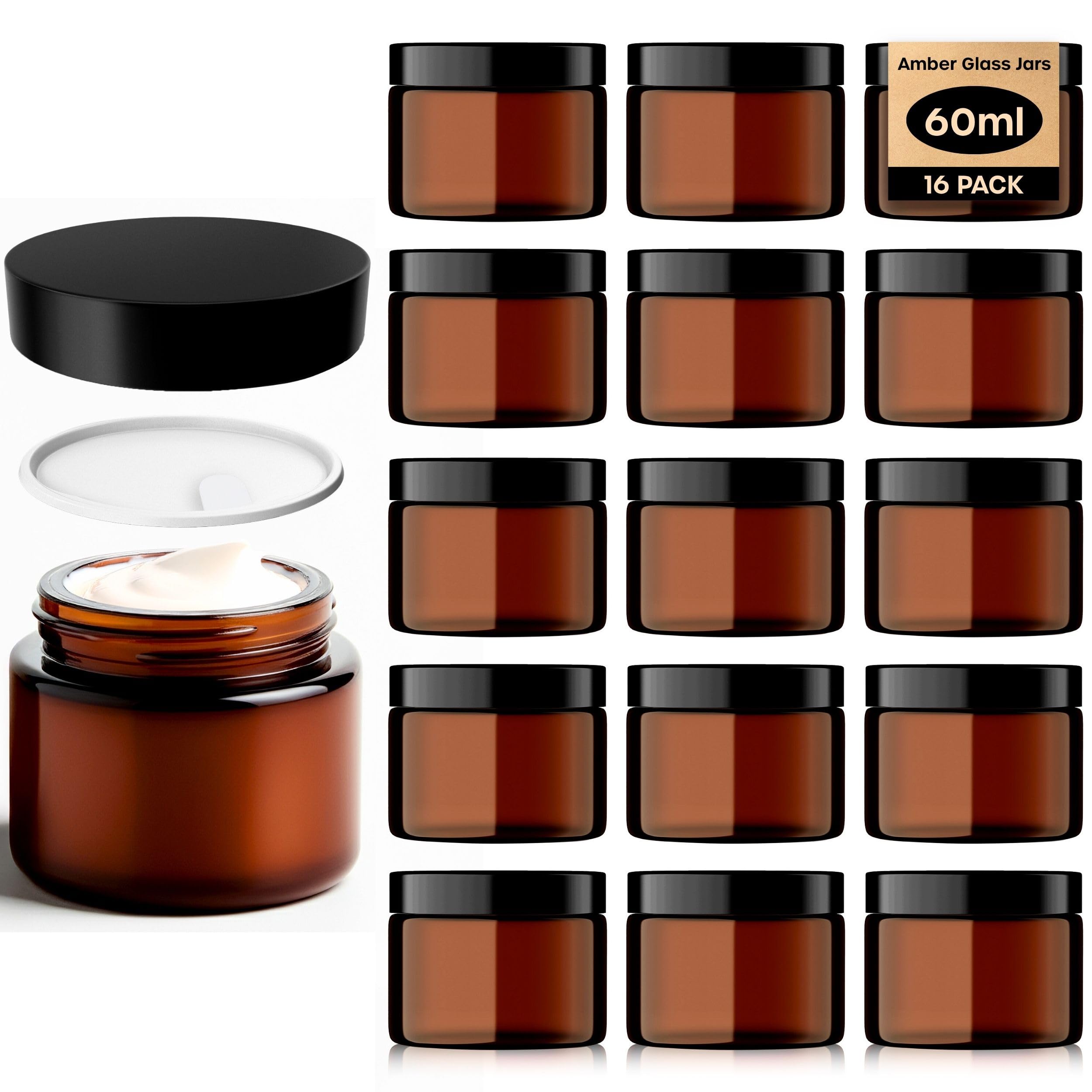 Volila Brown Amber Glass Jars - 16 Pack (60Ml) With Lids - Travel Cosmetic Containers With Spatula - Uv Protection For Powder, Lotion And Cream