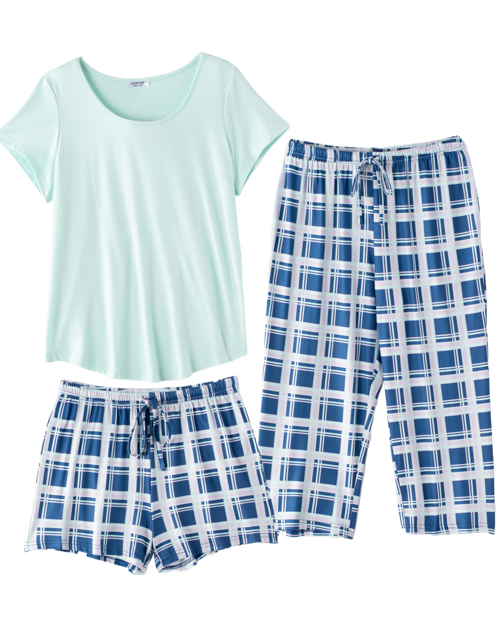 Ekouaer 3 PCS Capri Pajamas for Women Set Short Sleeve Pajama Sets Floral Pj Sets Soft Sleepwear with Pockets