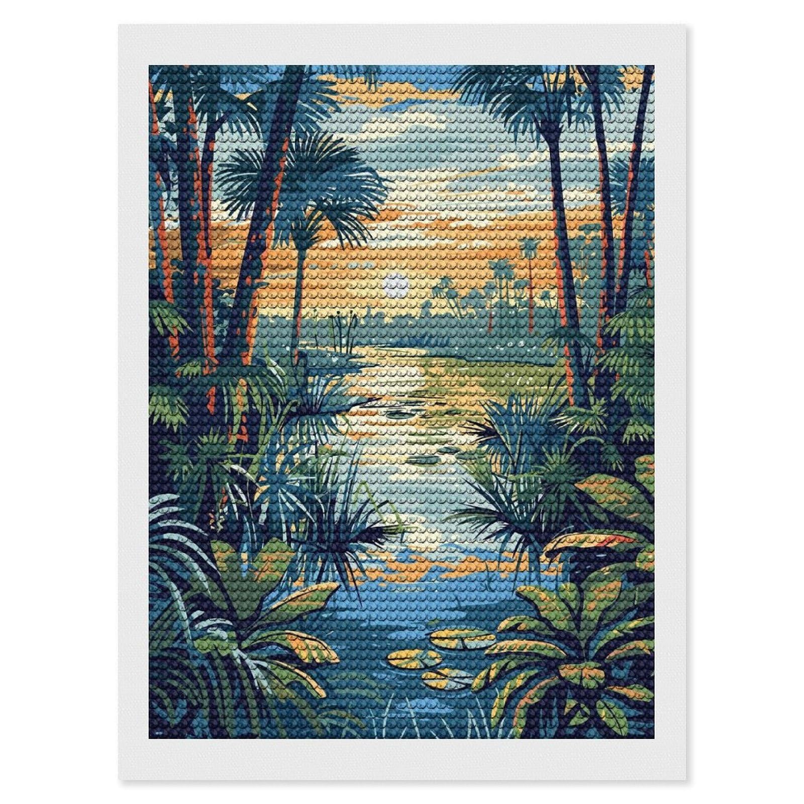 Junmoney Tropical River Landscape at Sunset Diamond Art Canvas 12"x16", for Adults, Good for Quiet Evenings, Bedroom Decor, Festive Craft Gift, Easy to Enjoy