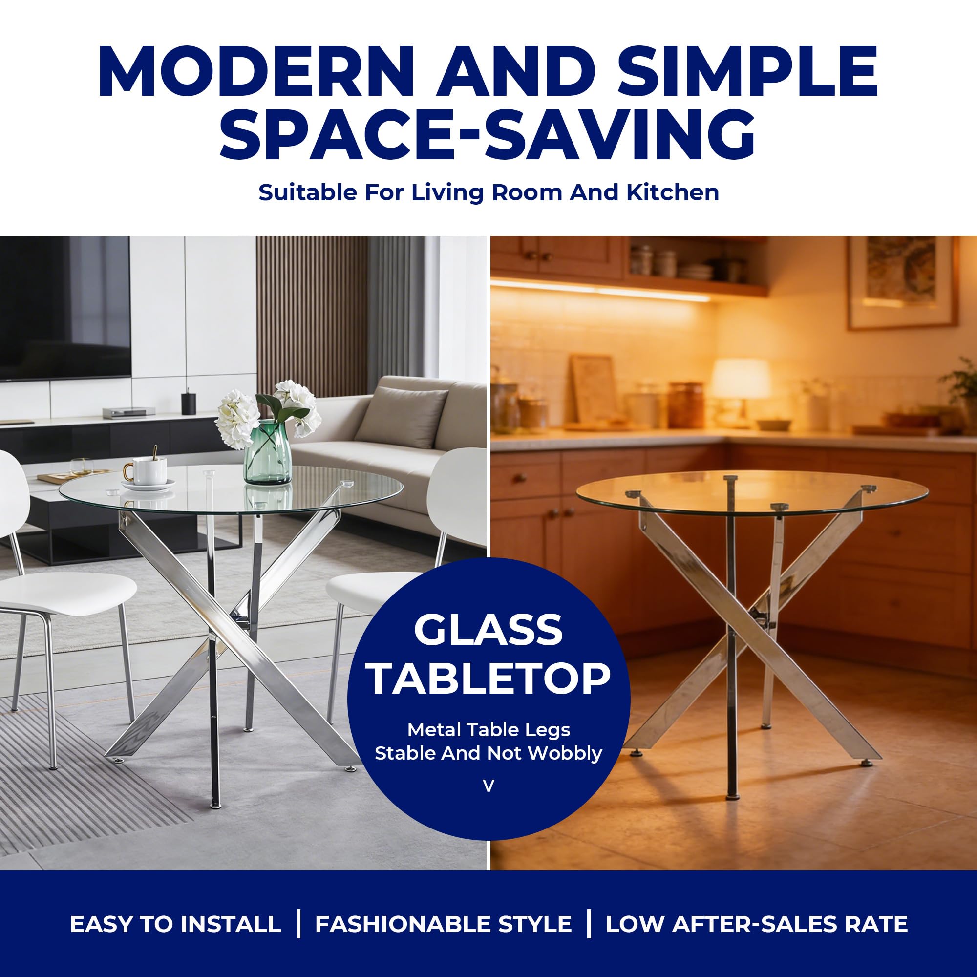 STAPERFO Table à manger ronde en verre trempé de 80 cm - Table de cuisine moderne avec croisillons argentés - Table de salle à manger peu encombrante pour 2 à 4 personnes - Argenté
