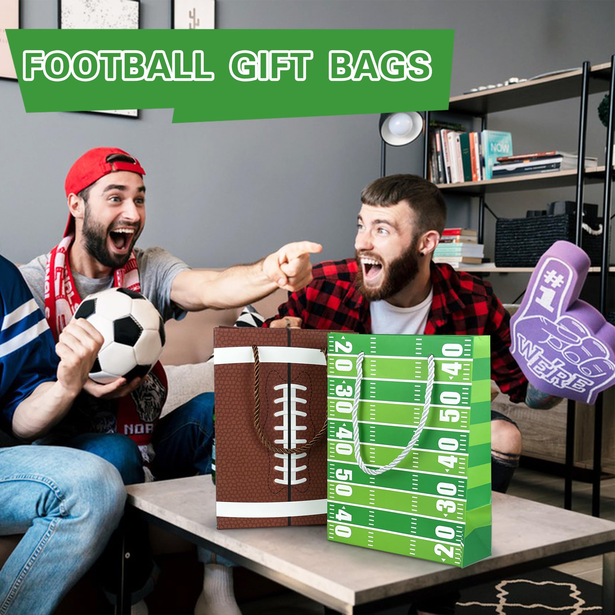 16PCS Football Gift Bags with Handles have Two Different Classic Patterns for Sports Game Parties Easy Carry Wide Applications Perfect Football Gift Bags Bulk and Party Favors