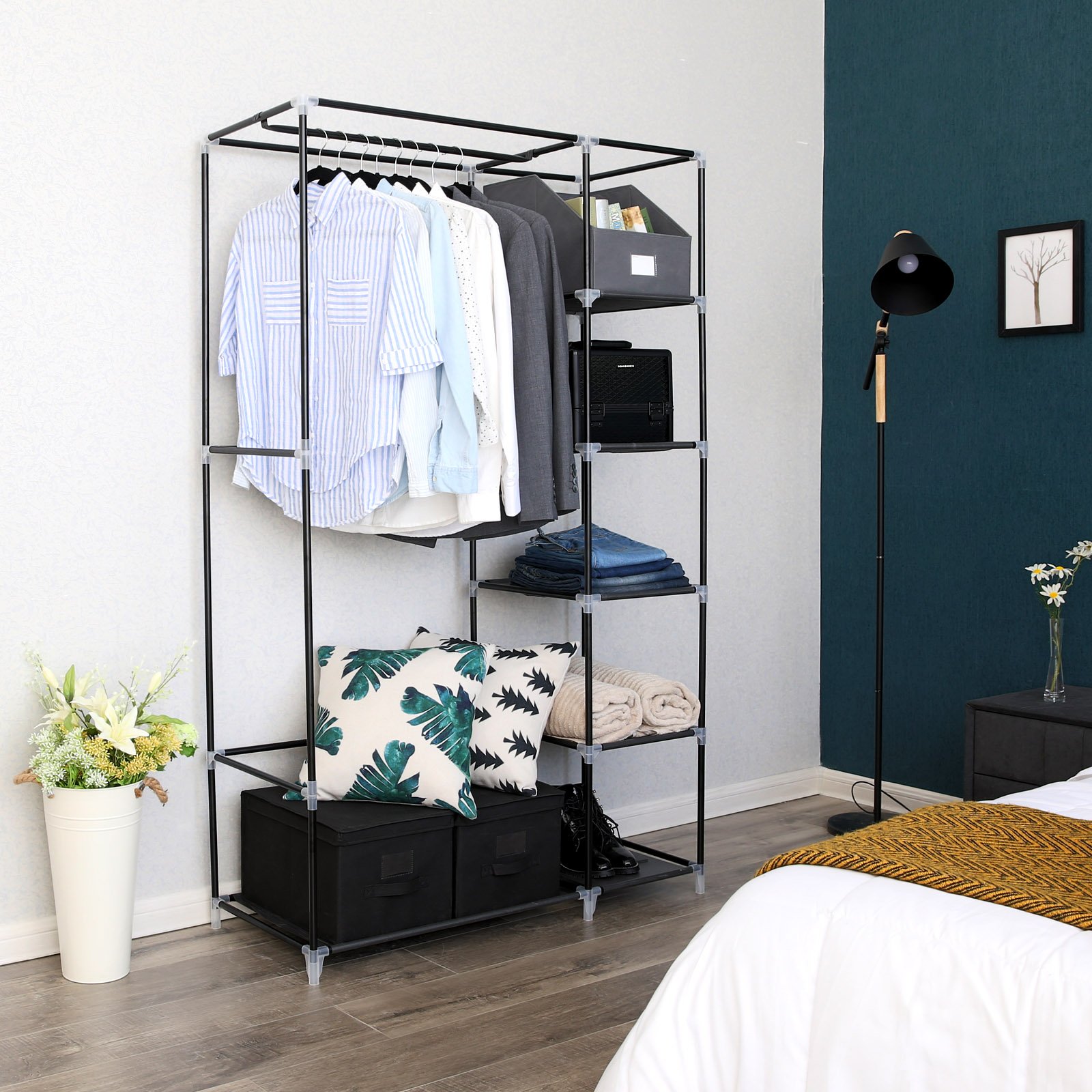 SONGMICS Armoire de Rangement Penderie de vêtement Pliable en Toile XL 110 x 45 x 175 cm Gris LSF007G