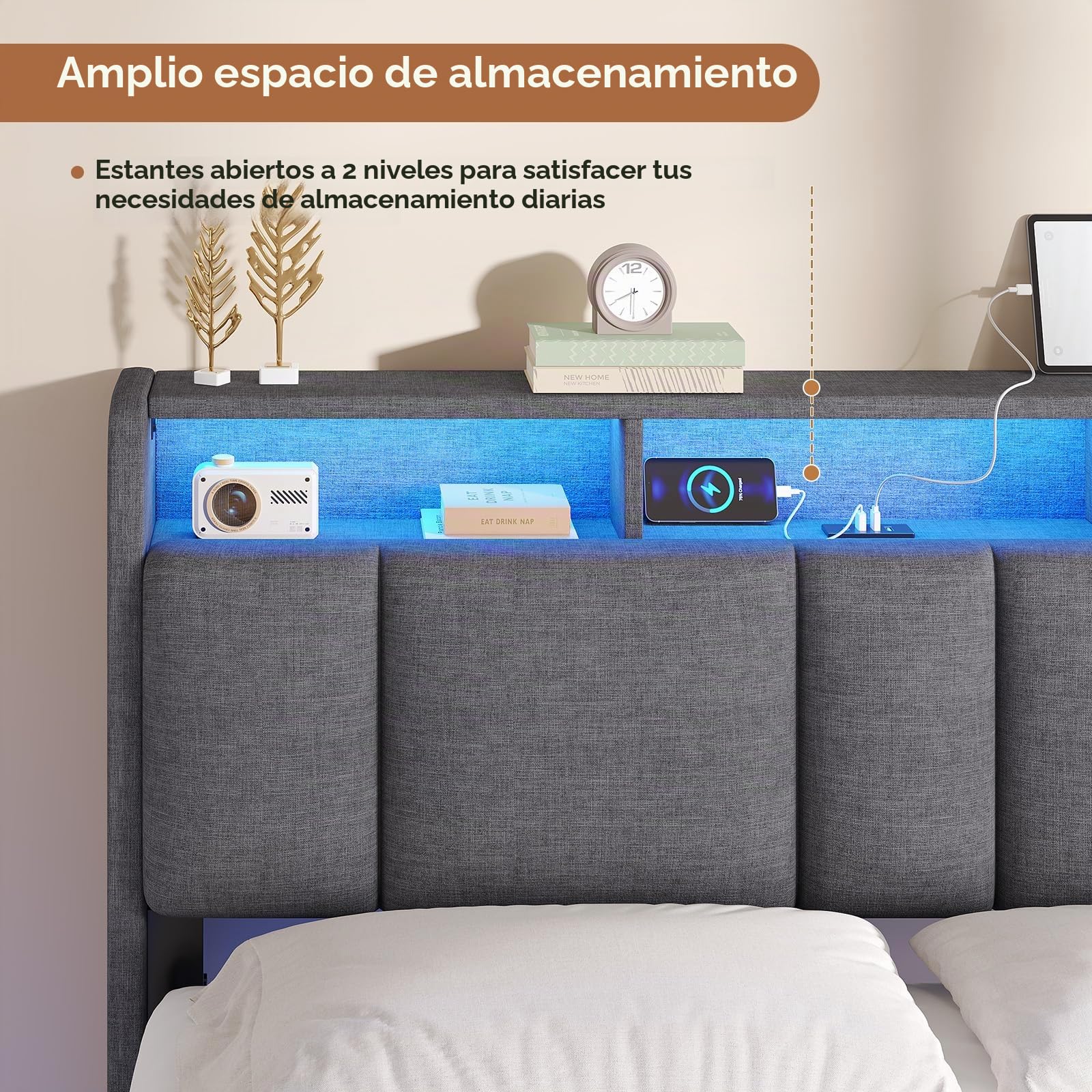 AOGLLATI Cama Matrimonio 140 x 200 cm con LED y Estación de Carga, Estructura Cama con Efecto Visual Levitante, Cama Tapizada con Cabecero y Espacio de Almacenamiento, Metal y Madera, Gris Oscuro