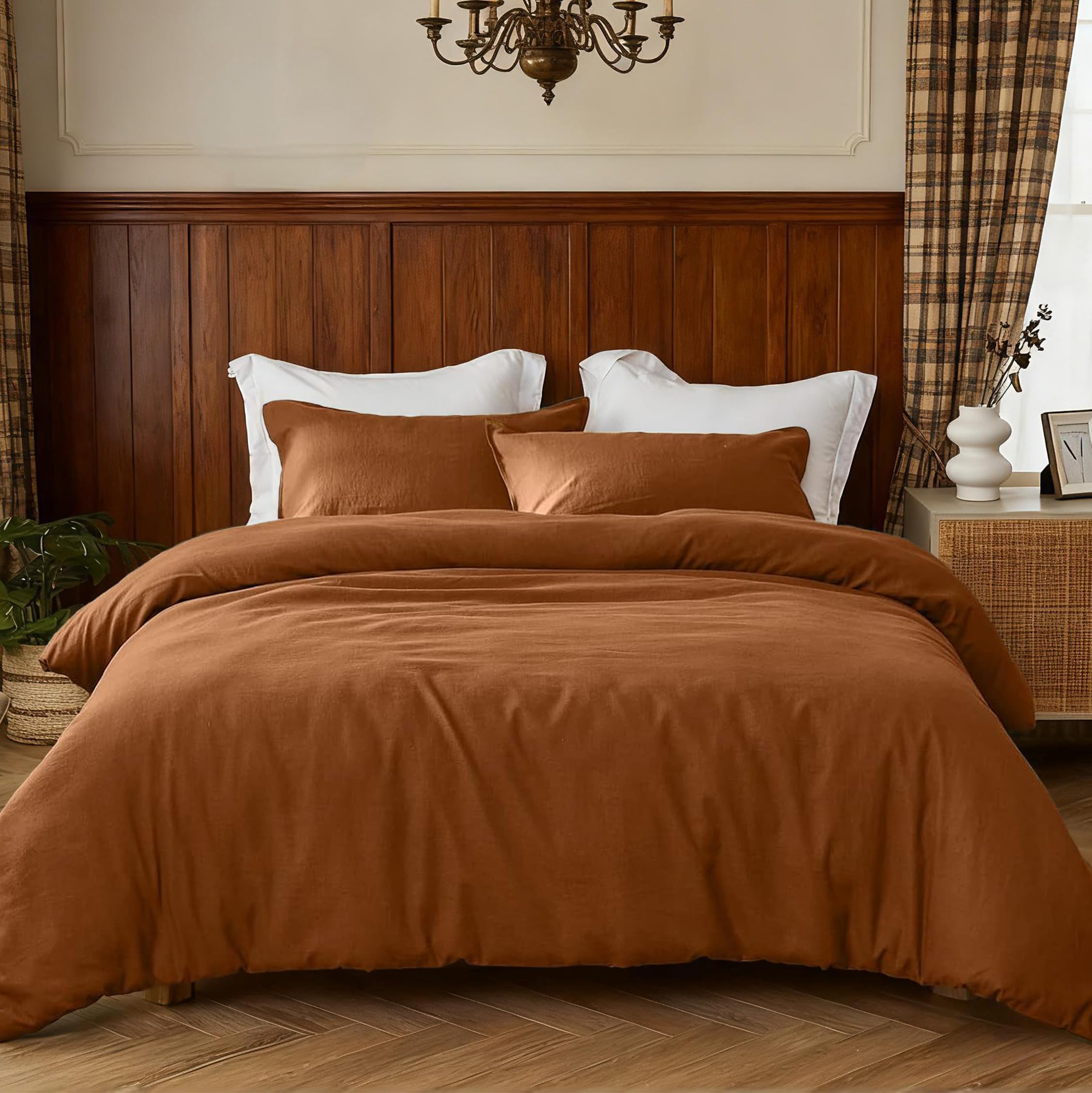 Simple&Opulence Linen Duvet Cover Double,Natural Linen Cotton Duvet Cover with Pillowcase,Duble Size Bedding Set,Soft Warm Breathable Bed Quilt Cover with Button Closure,200x200cm,Pumpkin