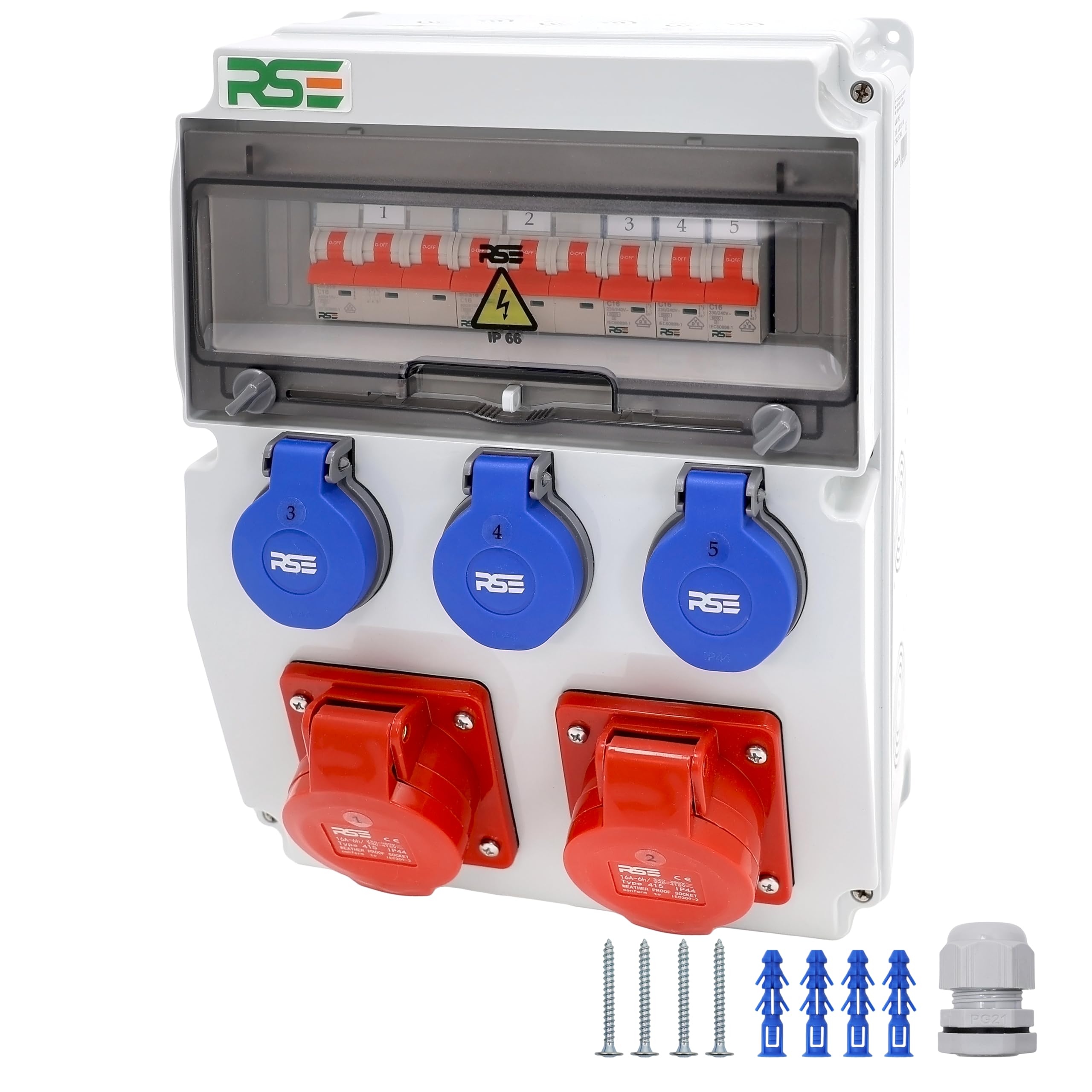 Distributore di corrente da parete, completamente cablato, 32 A, 16 A, 230 V, con contatore CEE IP65, 10. 2 x 16a, 3 x 230 cm, con LS