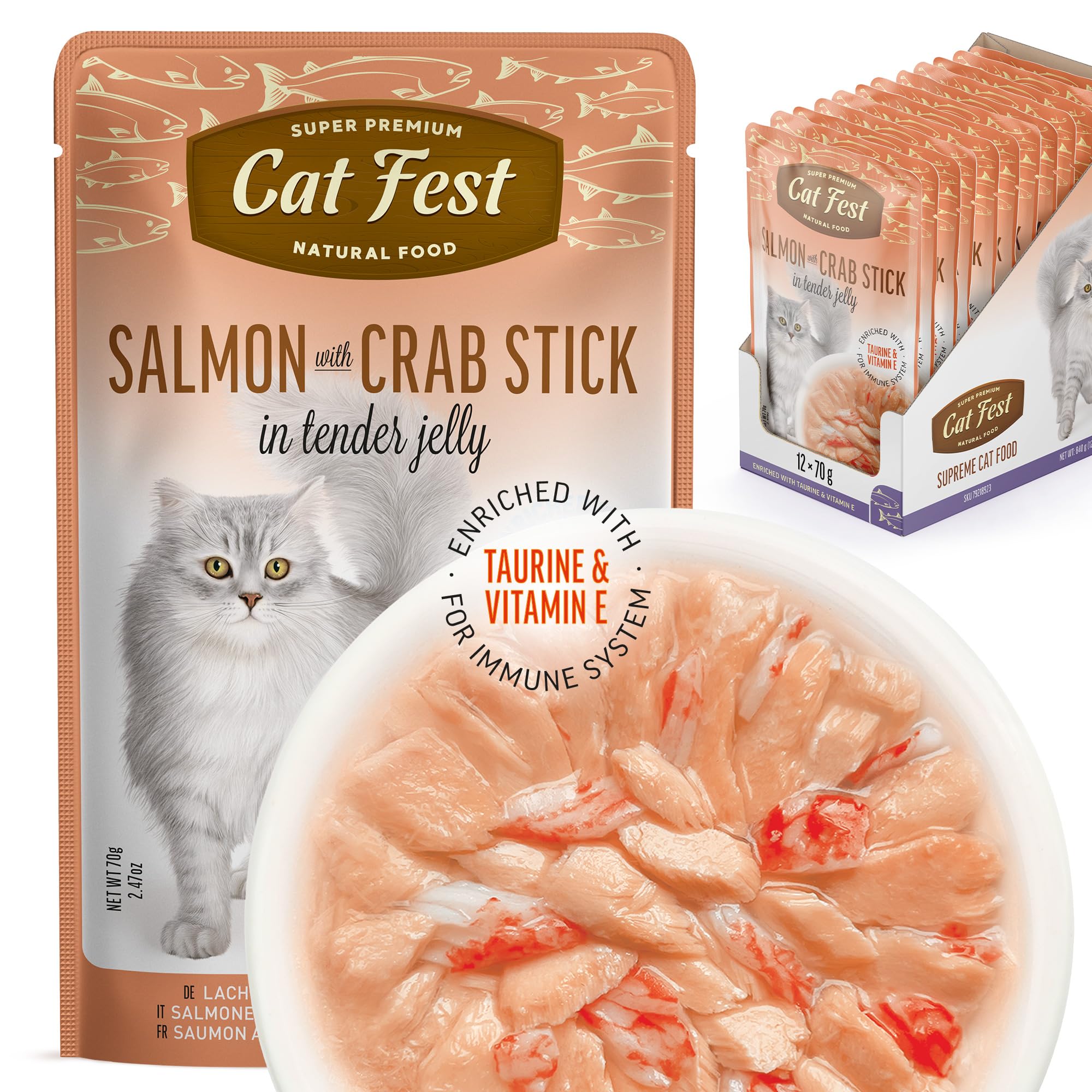 Cat Fest Salmon Fillets with Crab Stick in Tender Jelly, 100% Natural Wet Cat Food Pouches, High Fish Content, Enriched with Taurine, Vitamin E & Fish Oil, 12 x 70g