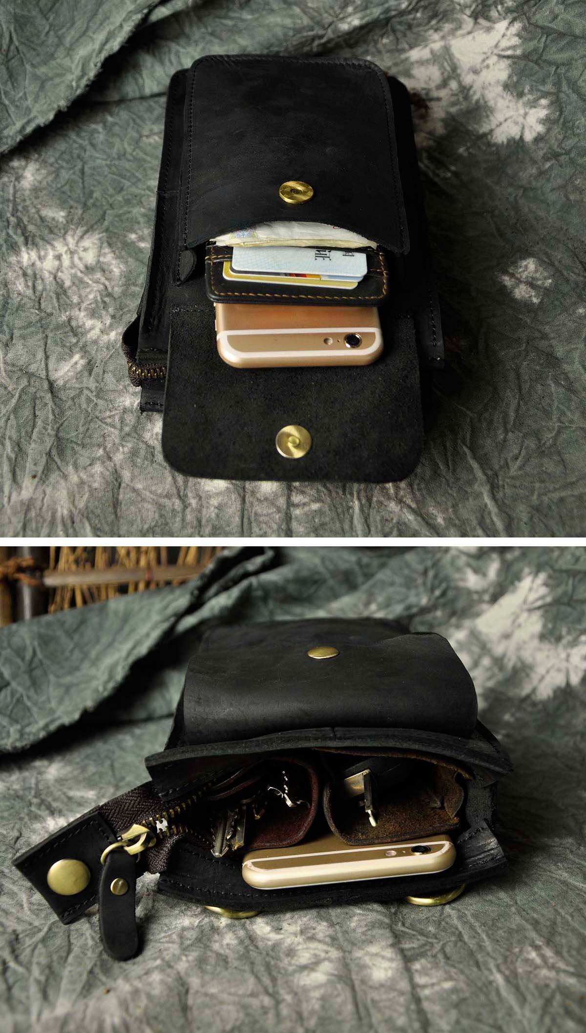 Le'aokuu Męska saszetka, wysokiej jakości skóra, mała, podróżna nerka, torba kurierska, etui na telefon, 021, A3 czarny, M