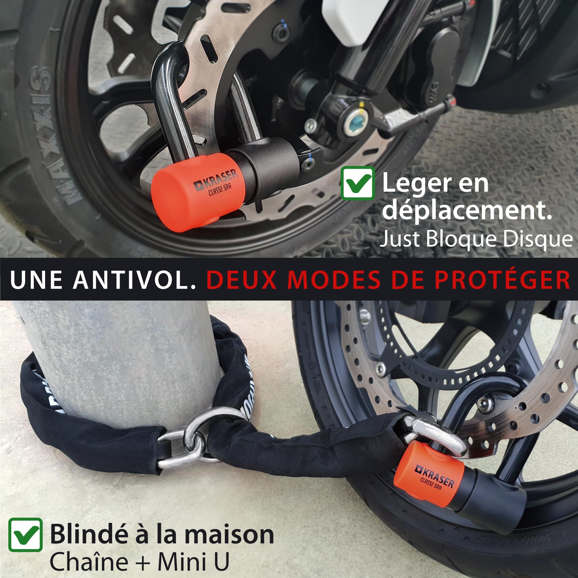 KRASER KR50120L Antivol Moto Homologué SRA | Chaîne ø13,5 Haute Sécurité Acier Cémenté Testée + Robust Mini U ø18mm, 3 Clés (autres 2), Bloque Disque + Chaîne, 2en1, Recommandé Assurances, 120cm Lasso