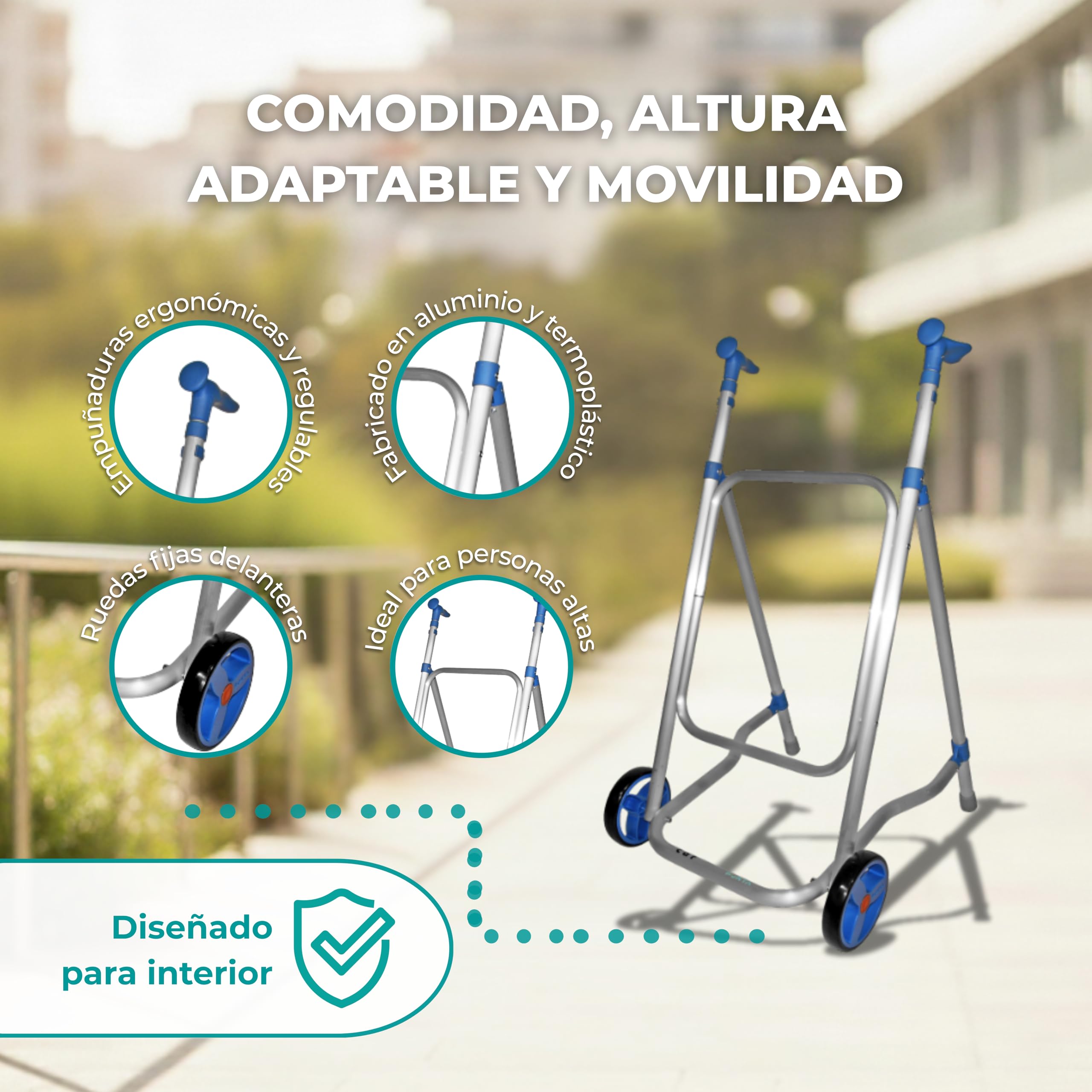 Forta CAR - Andador para Personas Mayores de Interior, sin Asiento, Plegable y Ligero (2,2 kg) - Andador Regulable en Altura, Ruedas Fijas, Aluminio Resistente - Soporta hasta 125 kg (Azul)