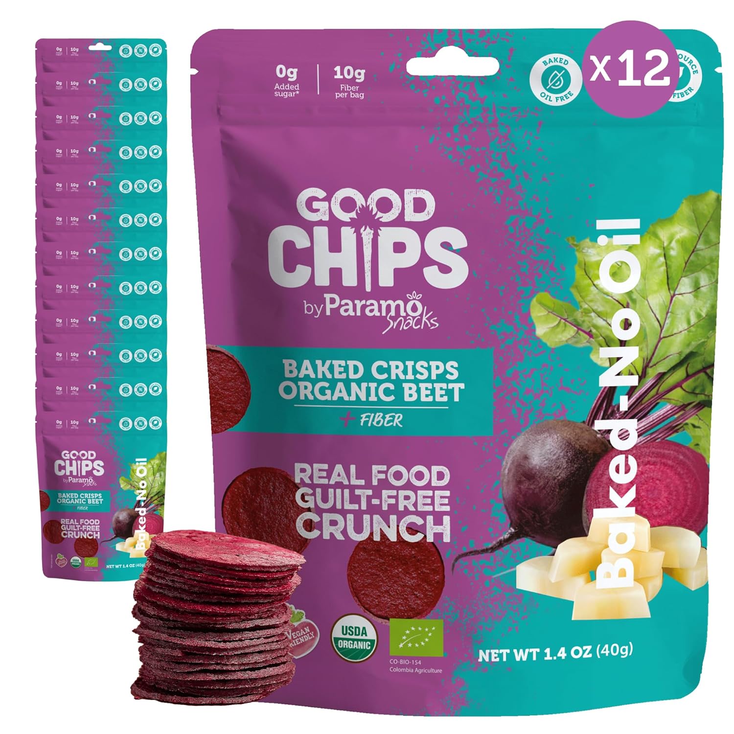 Baked Organic Beet & Yacon Crisps by GOOD CHIPS! Crispy, Crunchy, Oil-Free, No Added Salt, Organic, High Fiber, Prebiotic Superfood, Healthy Vegan Snack - 0.7 oz bags - Pack of 12
