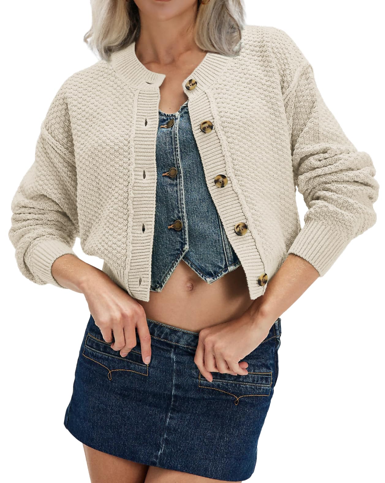 AGSEEM Cropped Cardigan for Women Button Down Sweaters Long Sleeve Crew Neck Solid Color Tops Knit Comfy Holiday