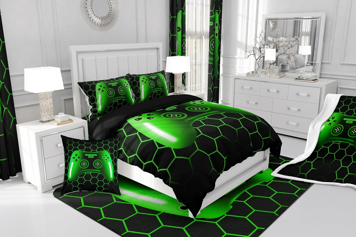 Erosebridal Gamer Comforter Set for Boys Bedding Set 3 Pcs Video Game Bedding Comforter Sets for Kids Teen Boys,Black and Green Ombre Gamepad Gaming Bed Sets with Neon Check(Green,Queen)
