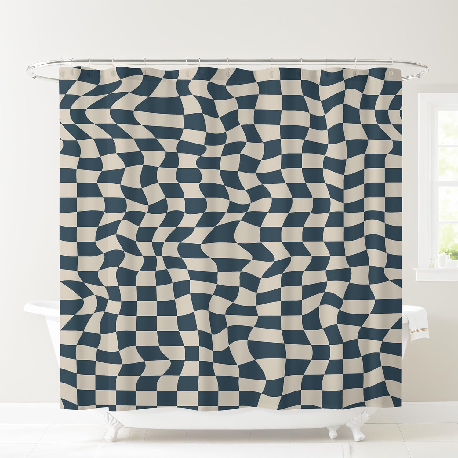 Wavy Check Print Shower Curtain - Modern Home Decor - Neutral Boho Style Checkered Fabric Shower Curtain for Any Bathroom - 72x72 Inches (Wavy Check)