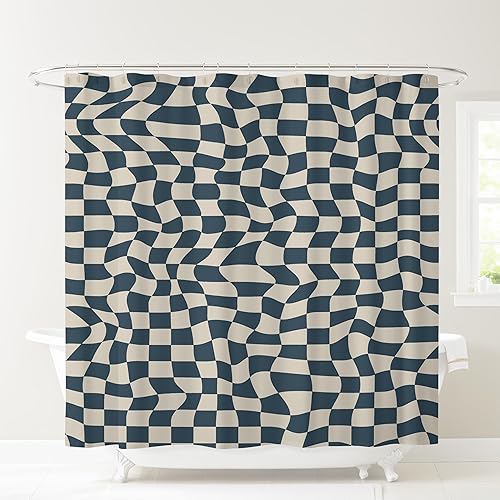 Vista 64 de Cortina de ducha MidMod rosa – 72 x 72 pulgadas, cortina de baño moderna de mediados de siglo con patrón cuadrado abstracto, diseño retro de tela