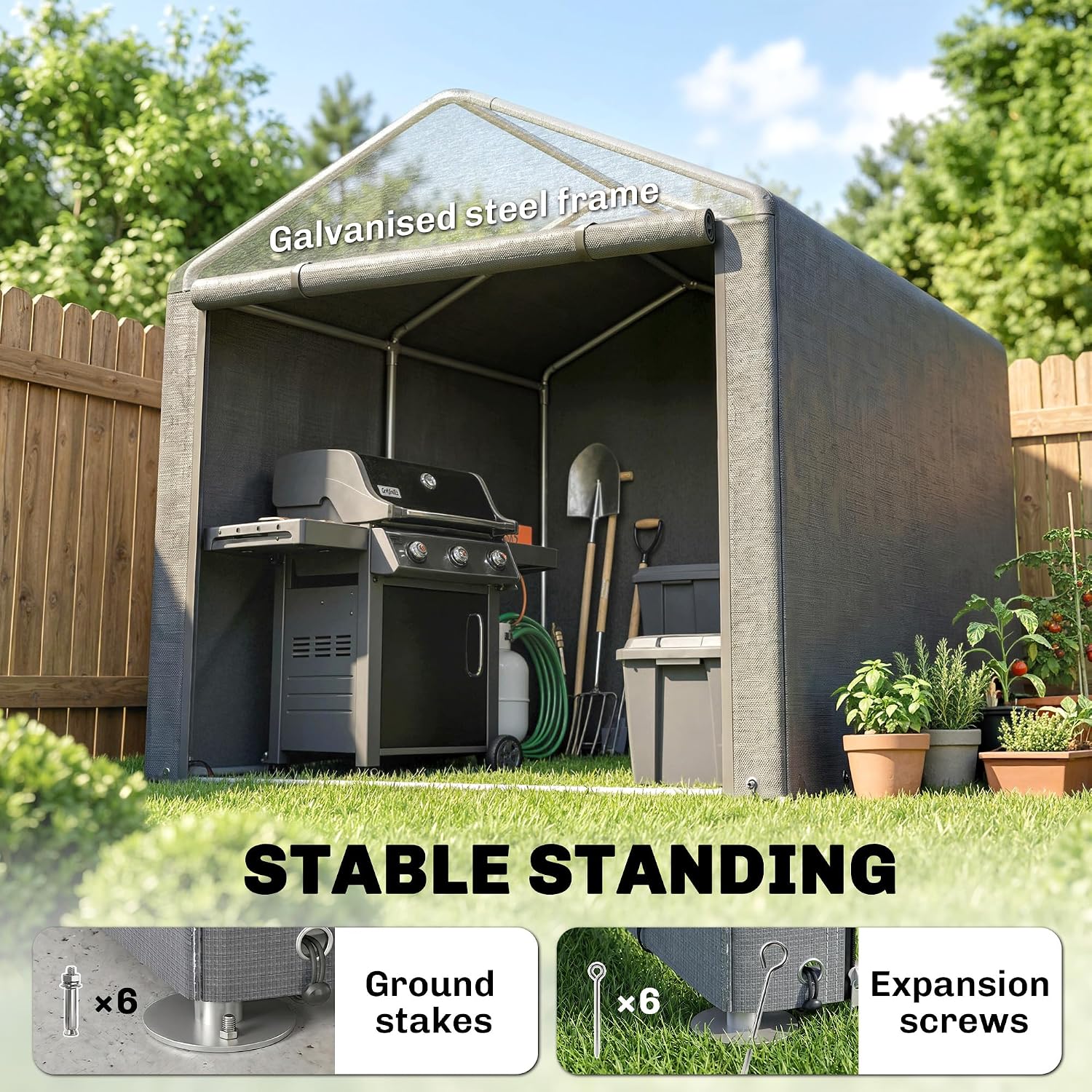 Diagram showing the galvanized steel frame and the use of ground stakes and expansion screws for stable standing.