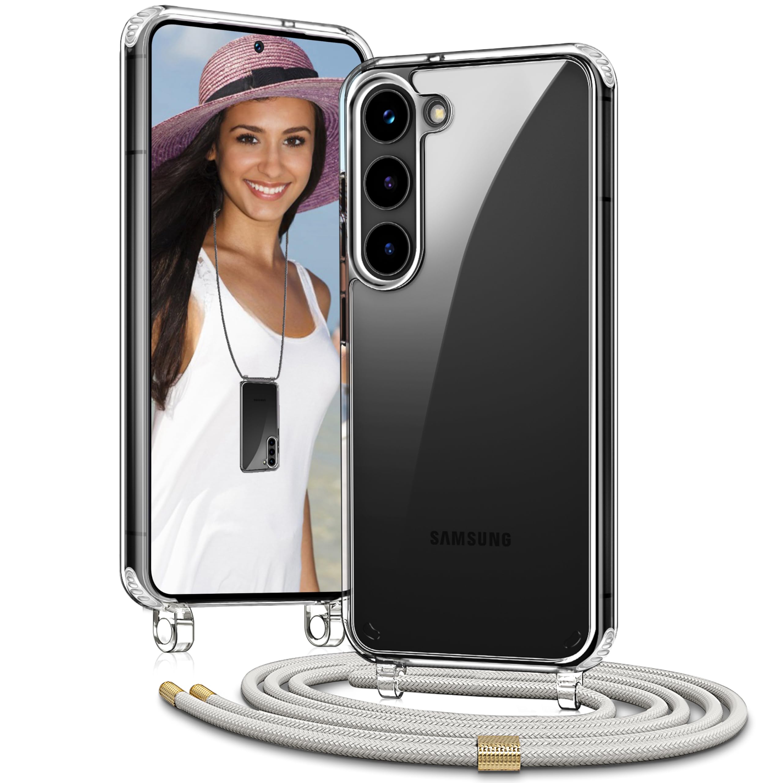 Vaykwo Handykette für Samsung Galaxy S25 5G Hülle mit Band, Beige | Necklace Handyhülle, Transparente Case zum Umhängen, Verstellbar und Abnehmbar