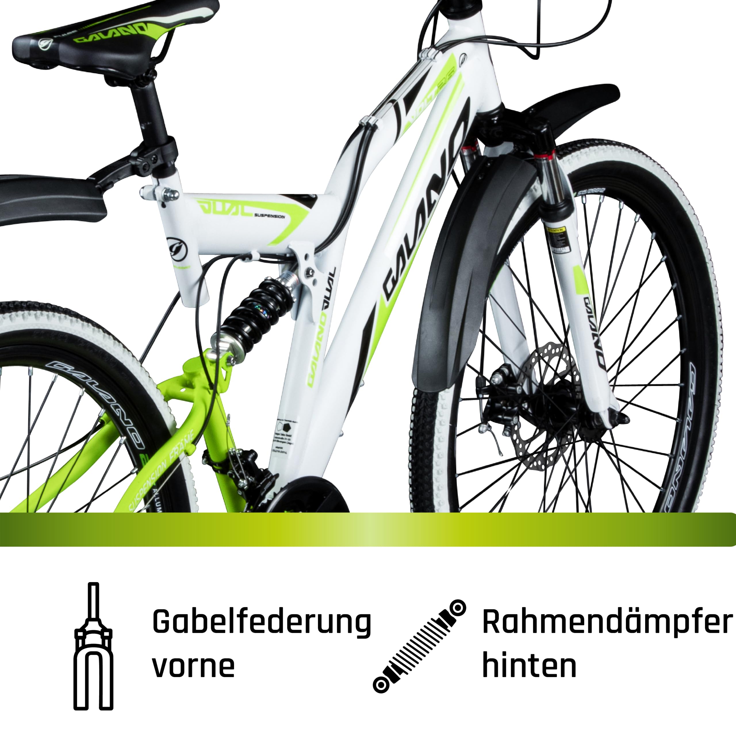 Galano Volt DS Mountainbike für Mädchen und Jungen ab 160 cm, Jugendfahrrad Unisex mit 21 Gangschaltung und Scheibenbremsen, Fahrrad MTB Fully Schutzblech (weiß/grün)