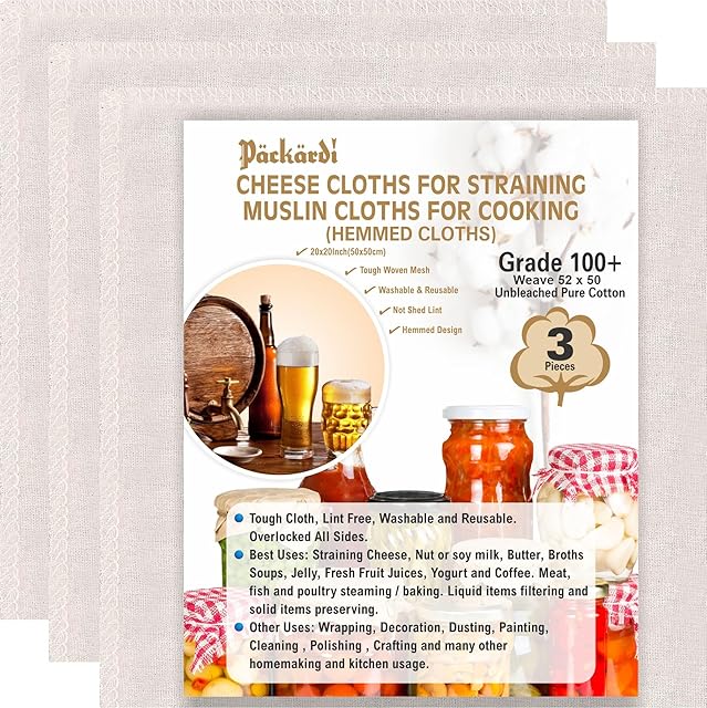 Grade 100+ PACKARDI Cheesecloth Pack of 3 Muslin Cloths for Cooking 50x50 cm, Reusable and Washable Cheese Cloths for Straining, 100% Unbleached Pure Cotton Cloth Ultra-Fine Cheese Cloth for Baking