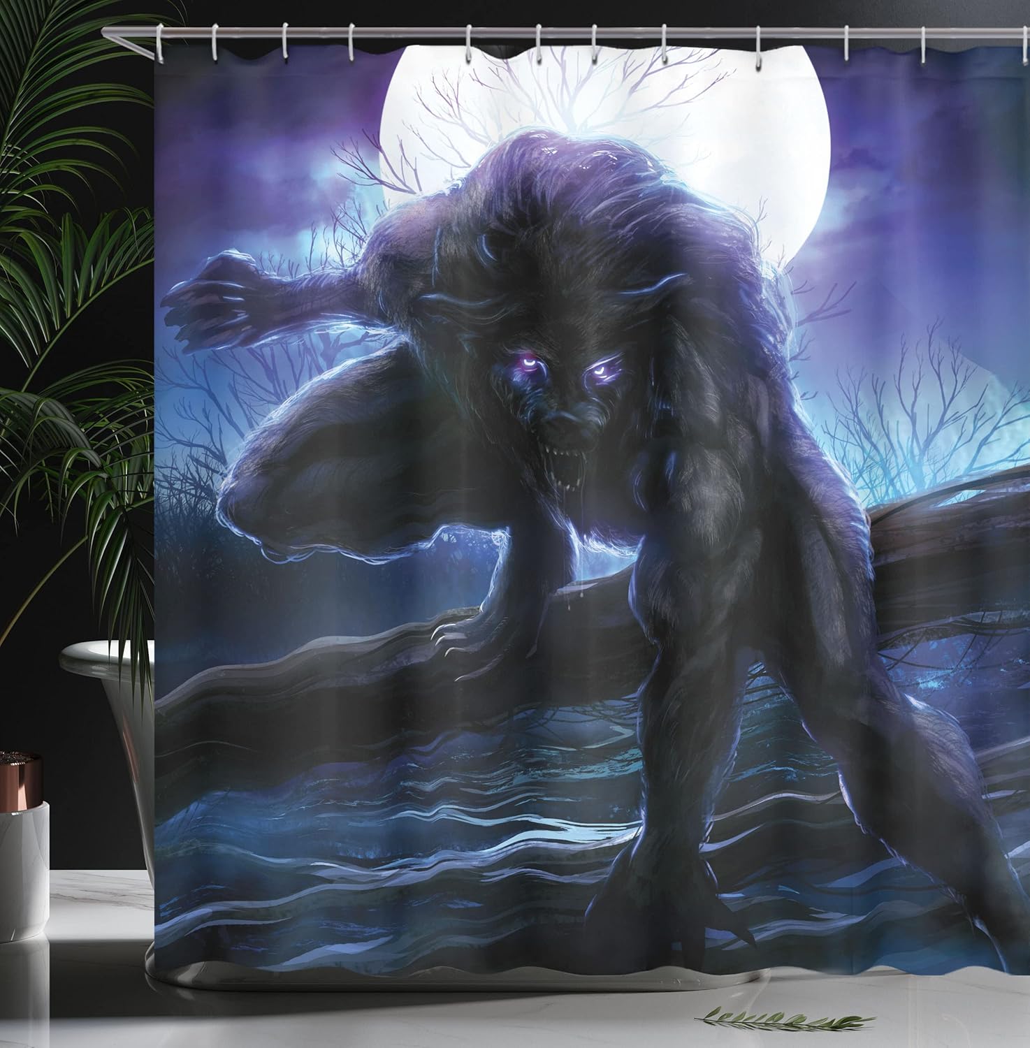 Ambesonne Fantasy World Shower Curtain, Surreal Werewolf Electric Eyes in Full Moon Transformation Folkloric, Cloth Fabric Bathroom Decor Set with Hooks, 69" W x 84" L, Purple Blue