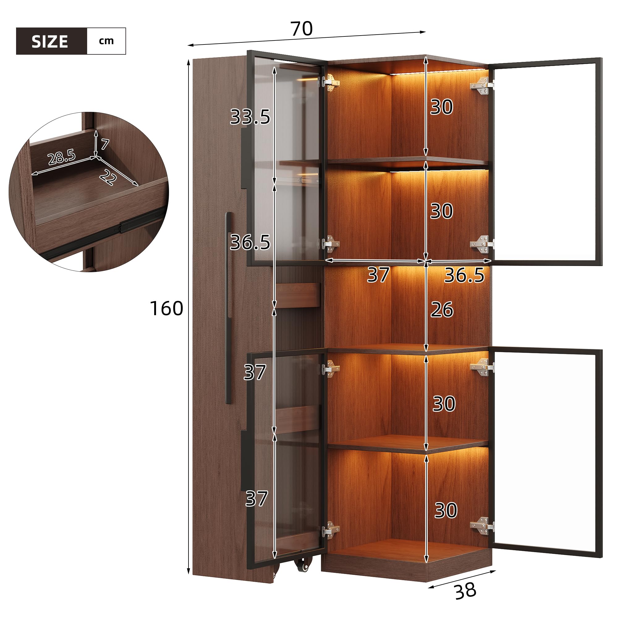 Armario de vitrina de 70 x 38 x 160 cm con estante extraíble, doble cristal, armario de madera MDF de nogal, almacenamiento, armario alto multifuncional para salón, comedor, cocina, color